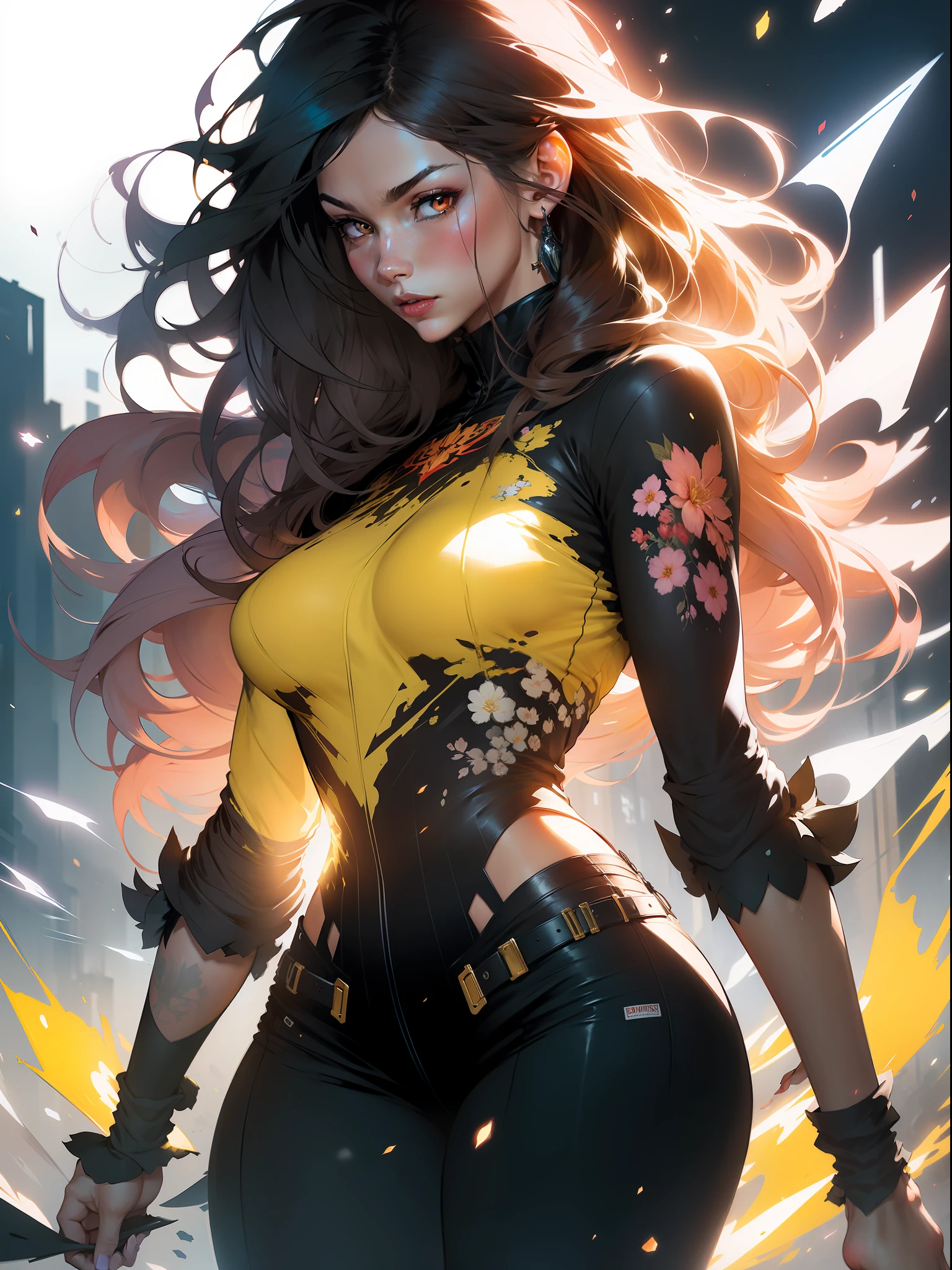 :: Comix style by Joe Madureira :: beautiful, perfect and detailed, ultra detailed shirt with black abstract design, with flower print on the sides of the dress, in various full-body attack poses and with immersive effects, hover effect, graphite style background with vibrant colors "HDR ultra" detailed and with focus effect, (masterpiece: 1.2, best quality), (Beautiful eyes finely detailed: 1.2), ((Beautiful Woman )),hair long, straight and white, with a natural glow ((Solo)), (Red eyes:1.4), (Finely detailed eyes and detailed face:1.3),), (With ultra detailed jeans and a yellow shirt with ultra detailed tribal tatoom print throughout:1.3), (Beautiful and clear background:1.2), (Extremely detailed CG, Ultra-detailed, Best Shadow:1.1), ("" character demonstrating his super power in the fist"") ((Depth of field and blur)), ((Watercolor)), Large breasts, Bare shoulders, Flowers and petals, Beautiful conceptual illustration , (white background:0.5), (Illustration :1.1), (extremely thin and beautiful: 1.1), (perfect details: 1.1) graffiti style background, freedom, soul, digital illustration, perfect anatomy, centered, approaching perfection, dynamic, highly detailed, watercolor painting, artstation, concept art, smooth, sharp focus, illustration, art by flesh Griffiths and Wadim Kashin, heterochromia, perfect anatomy, centered, approaching perfection, dynamic, highly detailed, character sheet, artstation, concept art, smooth, sharp focus, illustration, art by Kim Jung Gi,, Artgerm, Carne Griffiths and Wadim Kashin, Sasha Yakovleva, Loish, Jeremy Mann, Full Body Shot, Character Sheet, Lightning Wave, Beautiful Anime Watercolor Painting, Paint Dripping by Tim Okamura, Victor Nizovtsev, Greg Rutkowski, Noah Bradley. Trend in Artstation, 8K, masterpiece, graffiti paint, fine detail, full of color, intricate detail, golden proportion illustration, (Background with dragon mecha extremely