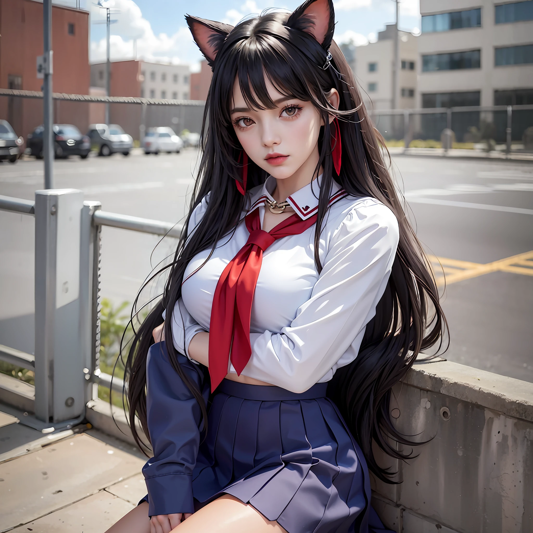 ((masterpiece, best quality)),a girl, solo, skirt, sky, sitting, pantyhose, serafuku, cloud,black gloves, outdoors, neckerchief ,day, bangs, fence, shirt, ahoge, rooftop, long hair, white pantyhose, black hair, school uniform, white sailor collar, red eyes, sailor collar, blue skirt, red neckerchief, blue serafuku, animal ears, blue sky, long sleeves, blue shirt, looking at viewer, closed mouth,cat ears, chain-link fence, pleated skirt, cloudy sky, trash can
(magazine:1.3), (cover-style:1.3), fashionable, woman, vibrant, outfit, posing, front, colorful, dynamic, background, elements, confident, expression, holding, statement, accessory, majestic, coiled, around, touch, scene, text, cover, bold, attention-grabbing, title, stylish, font, catchy, headline, larger, striking, modern, trendy, focus, fashion,