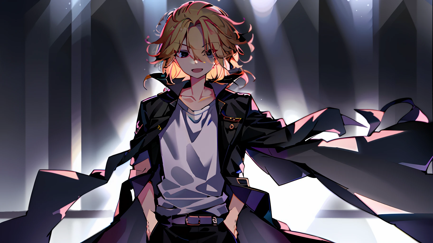 high detailed, 8k, highres, mikey, manjiro_sano, tokyo_revengers, 1boy, solo, black pants, male focus, shirt, blonde hair, open mouth, pants, smile, white shirt, black eyes, cowboy shot, hands in pockets, looking at viewer, standing, jacket, medium hair, black jacket, black coat, coat, :d, collarbone, coat on shoulders, grey shirt