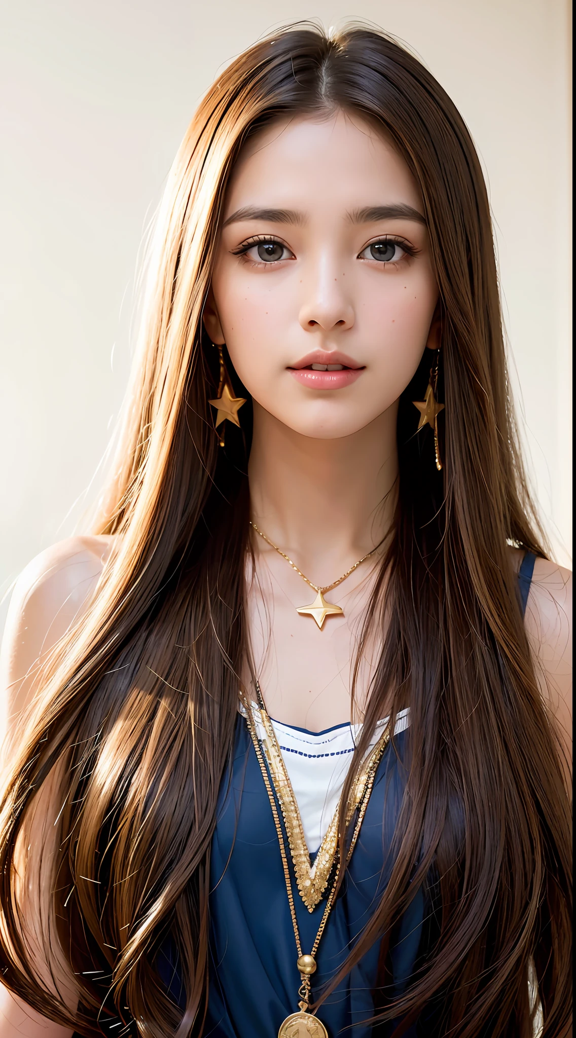 A face photograph of a beautiful ((17 years)) an American woman, award-winning photo, best quality, portrait by Annie Leibovitz, Canon 5D Mark II, film, professional photography, (rich colors: 1.1), hyper realistic, realistic texture, (natural lighting: 1.1), (Canon EF 85mm f/1.4L IS USM), makeup face, very long hair, brown hair mixed with blonde, slightly wavy hair,  voluminous hair, large and bright blue eyes, rounded eyes, western woman, thick lips, very tanned skin, shy smile, extremely beautiful, long eyelashes, extremely detailed eyes and face, delicate and plump nose, realistic pupils, light freckles on the face, gold earrings, hair parted sideways, arched eyebrow, black mascara in the eyes, gold cord with star pendant,  (increase the quality of cinematic lighting: 0.9), (Increase the beauty of the skin texture:1.1), smooth white background wall, sharp focus, cinematic lighting