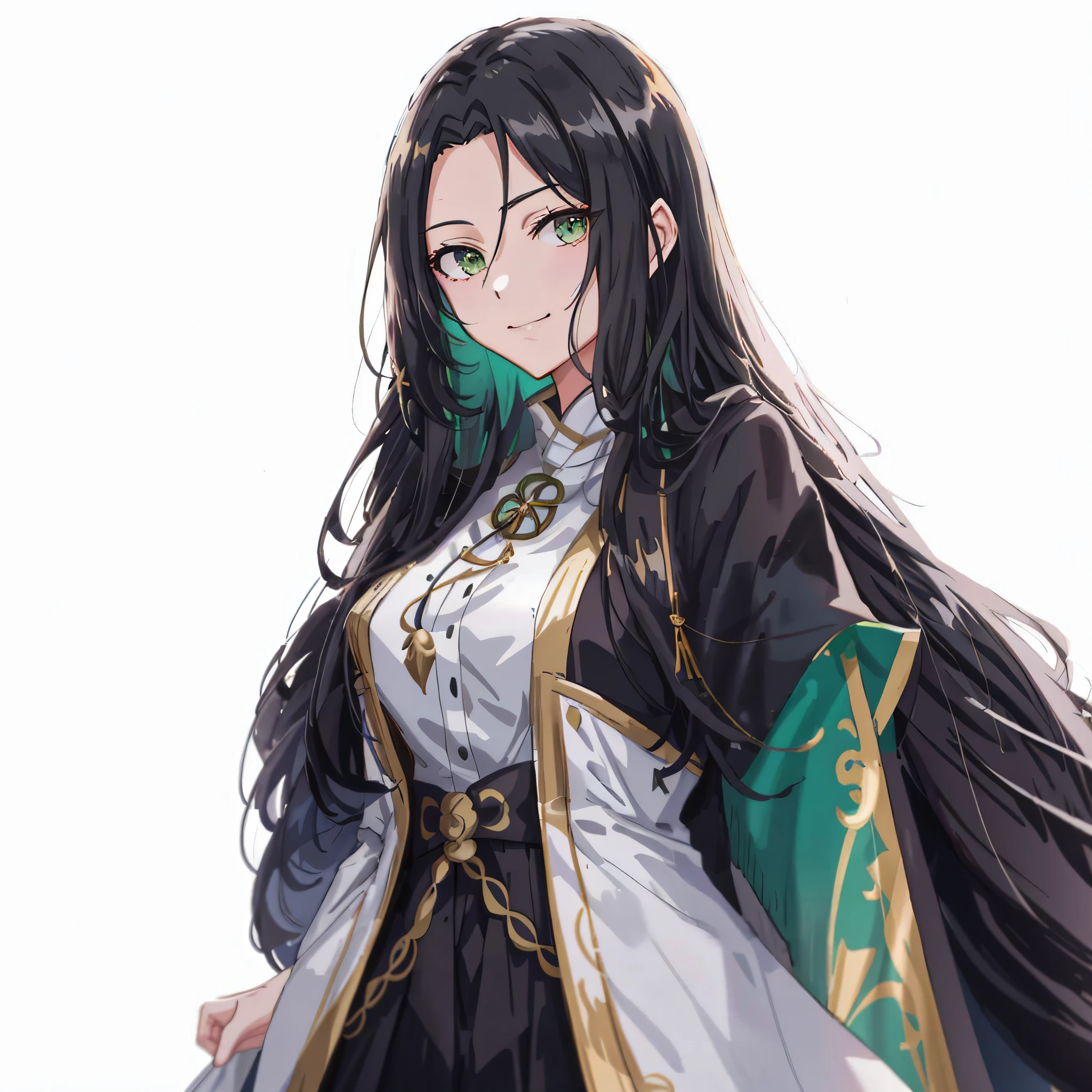 a woman in a black and white dress with a green cape, ayaka genshin impact, portrait knights of zodiac girl, anime girl with long hair, female anime character, keqing from genshin impact, palutena, astri lohne, demon slayer rui fanart, highly detailed exquisite fanart, detailed anime character art, onmyoji portrait, from girls frontline, smug, smirk, bright eyes, narrowed eyes