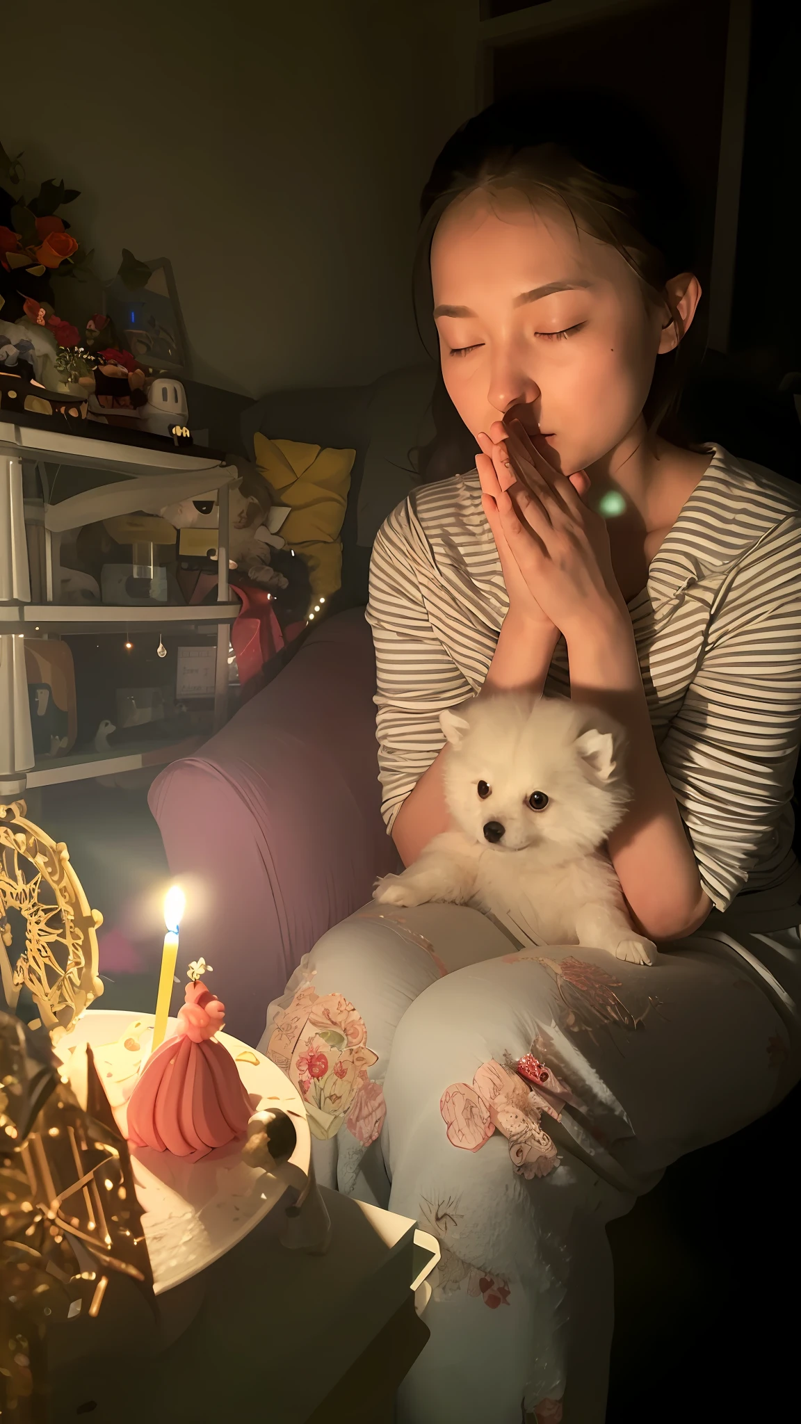 The woman is sitting on the sofa with a small white Pomeranian crawling on her lap, opposite a birthday cake, making a wish to the birthday cake, celebrating her birthday, she is about 1 6 years old, white skin, delicate facial features