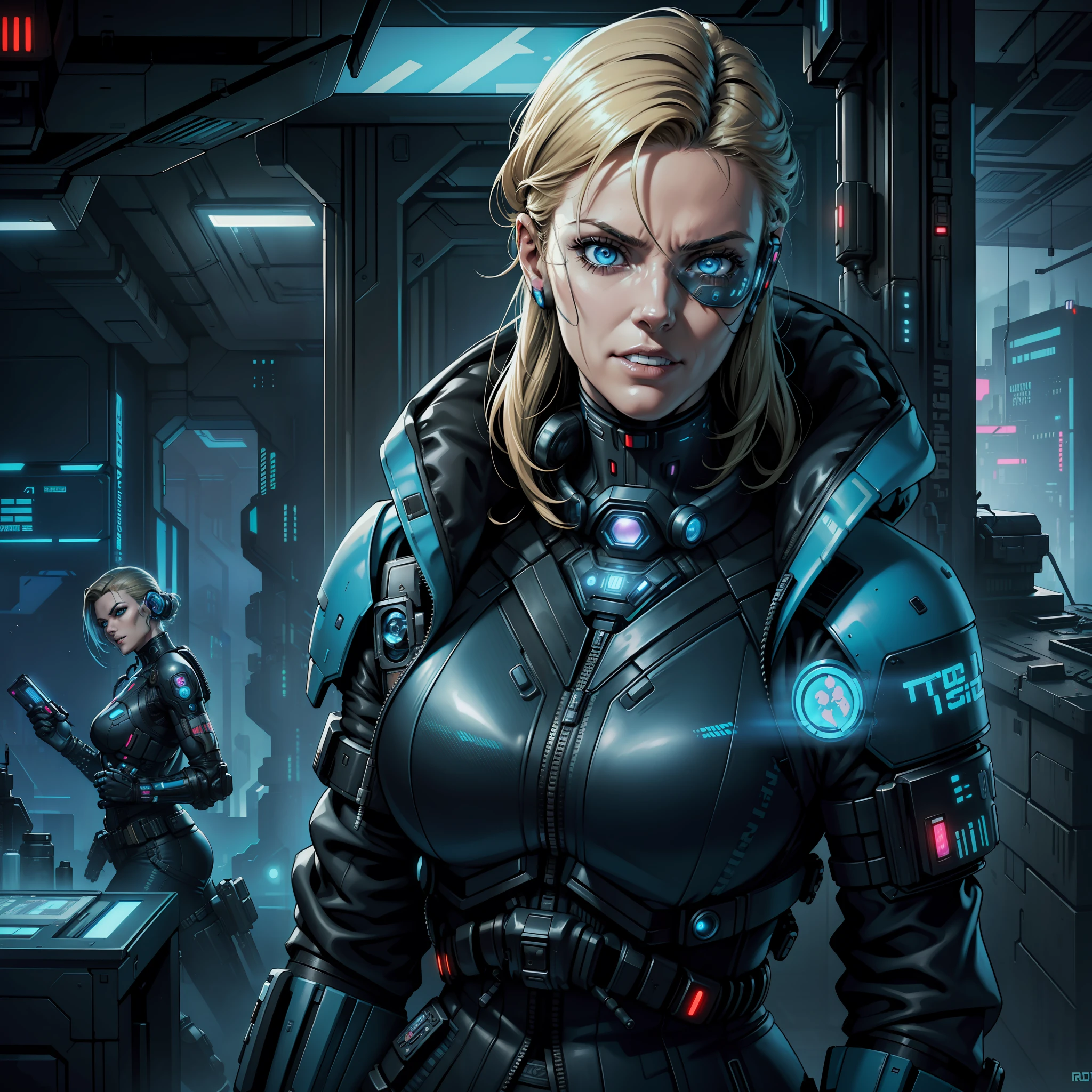 "(light blue cyberpunk tactical combat suit:1) (1woman) dark theme :: focus on closeup face, face of Zoe McLellan, sarcastic face, :: medium wavy blonde hair :: ultra realistic futuristic scifi cyberpunk agent fat woman, ((braces on the teeth)), blue eyes, ((interior of cyberpunk lab with many holgrams, cyberpunk Shadowrun, scifi high tech cyberpunk)) :: cool cyberpunk light blue tactical combat suit :: Natural lighting :: bokeh :: 8k :: best quality :: masterpiece :: insanely detailed:1.5"