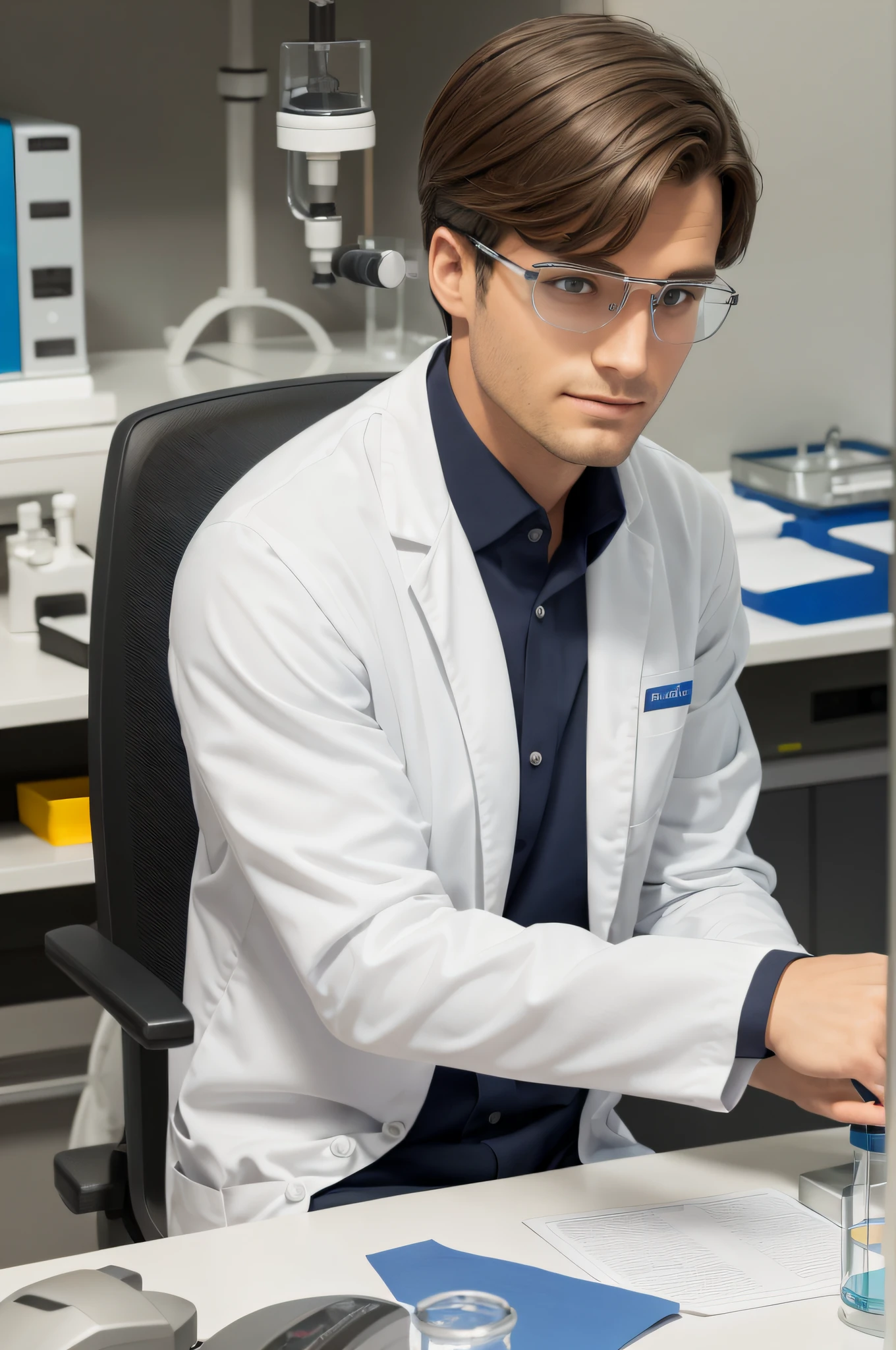 scientist sitting in front of the lab bench, using a microscope. dress shirt, white lab coat, and on the same table several lab items. Biomedicine logo on the sleeve of the apron. Satisfied face at work.