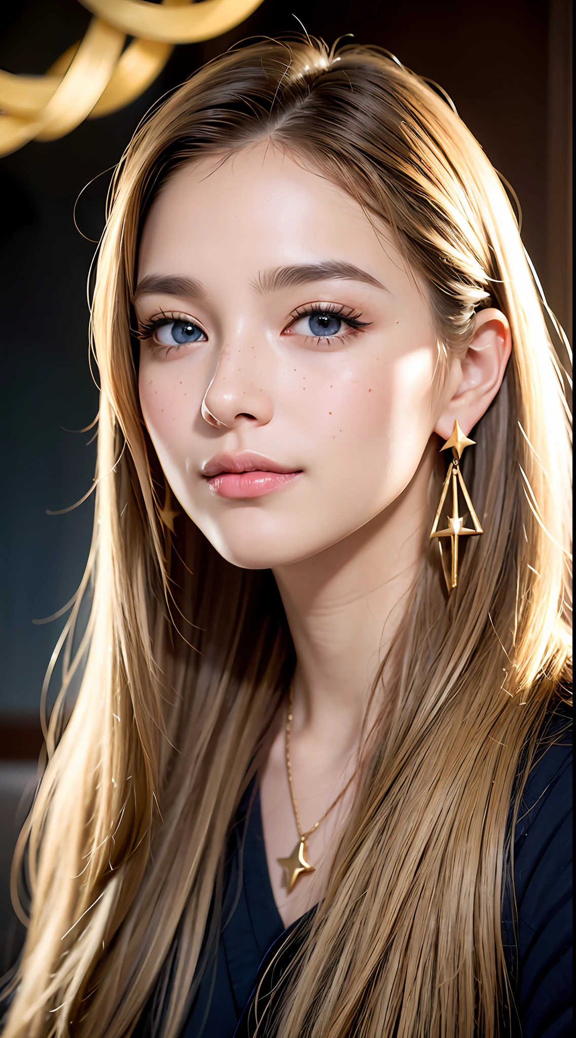A face photograph of a beautiful ((17 years)) an American woman, photo centered, photo awarded, best quality, portrait by Annie Leibovitz, Canon 5D Mark II, film, professional photography, (rich colors: 1.1), hyper realistic, realistic texture, (natural lighting: 1.1), (Canon EF 85mm f/1.4L IS USM), face makeup, very long hair, light brown hair mixed with blonde,  slightly wavy hair, voluminous hair, large and bright blue eyes, rounded eyes, Western woman, thick lips, very tanned skin, shy smile, extremely beautiful, long eyelashes, extremely detailed eyes and face, delicate and plump nose, realistic pupils, light freckles on the face, gold earrings, hair parted sideways, arched eyebrow, black mascara in the eyes, gold cord with star pendant,  (increase the quality of cinematic lighting: 0.9), (Increase the beauty of the skin texture:1.1), smooth white background wall, sharp focus, cinematic lighting