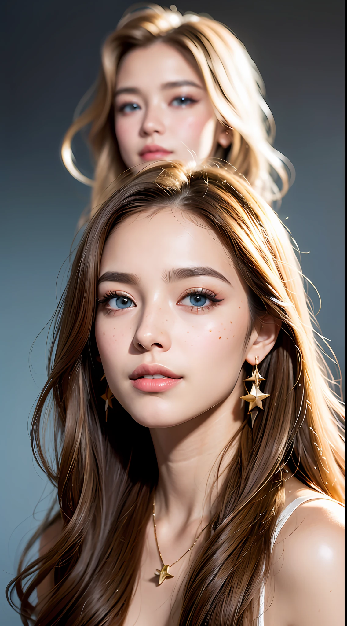 A face photograph of a beautiful ((17 years)) an American woman, photo centered, photo awarded, best quality, portrait by Annie Leibovitz, Canon 5D Mark II, film, professional photography, (rich colors: 1.1), hyper realistic, realistic texture, (natural lighting: 1.1), (Canon EF 85mm f/1.4L IS USM), face makeup, very long hair, light brown hair mixed with blonde, slightly wavy hair, voluminous hair, large and bright blue eyes, rounded eyes, Western woman, thick lips, very tanned skin, shy smile, extremely beautiful, long eyelashes, extremely detailed eyes and face, delicate and plump nose, realistic pupils, light freckles on the face, gold earrings, hair parted sideways, arched eyebrow, black mascara in the eyes, gold cord with star pendant, (increase the quality of cinematic lighting: 0.9), (Increase the beauty of the skin texture:1.1), smooth white background wall, sharp focus, cinematic lighting