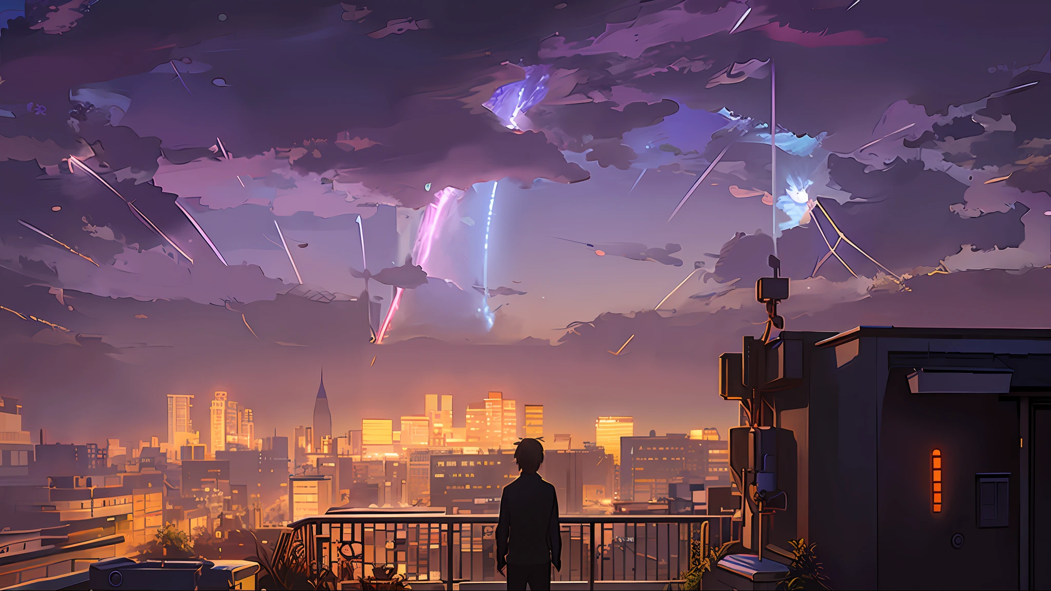 anime scene of a man standing on a rooftop looking at a city, anime movie background, cosmic skies. by makoto shinkai, 4k anime wallpaper, ( ( makoto shinkai ) ), makoto shinkai. —h 2160, makoto shinkai cyril rolando, your name, anime art wallpaper 8 k, anime wallpaper 4 k