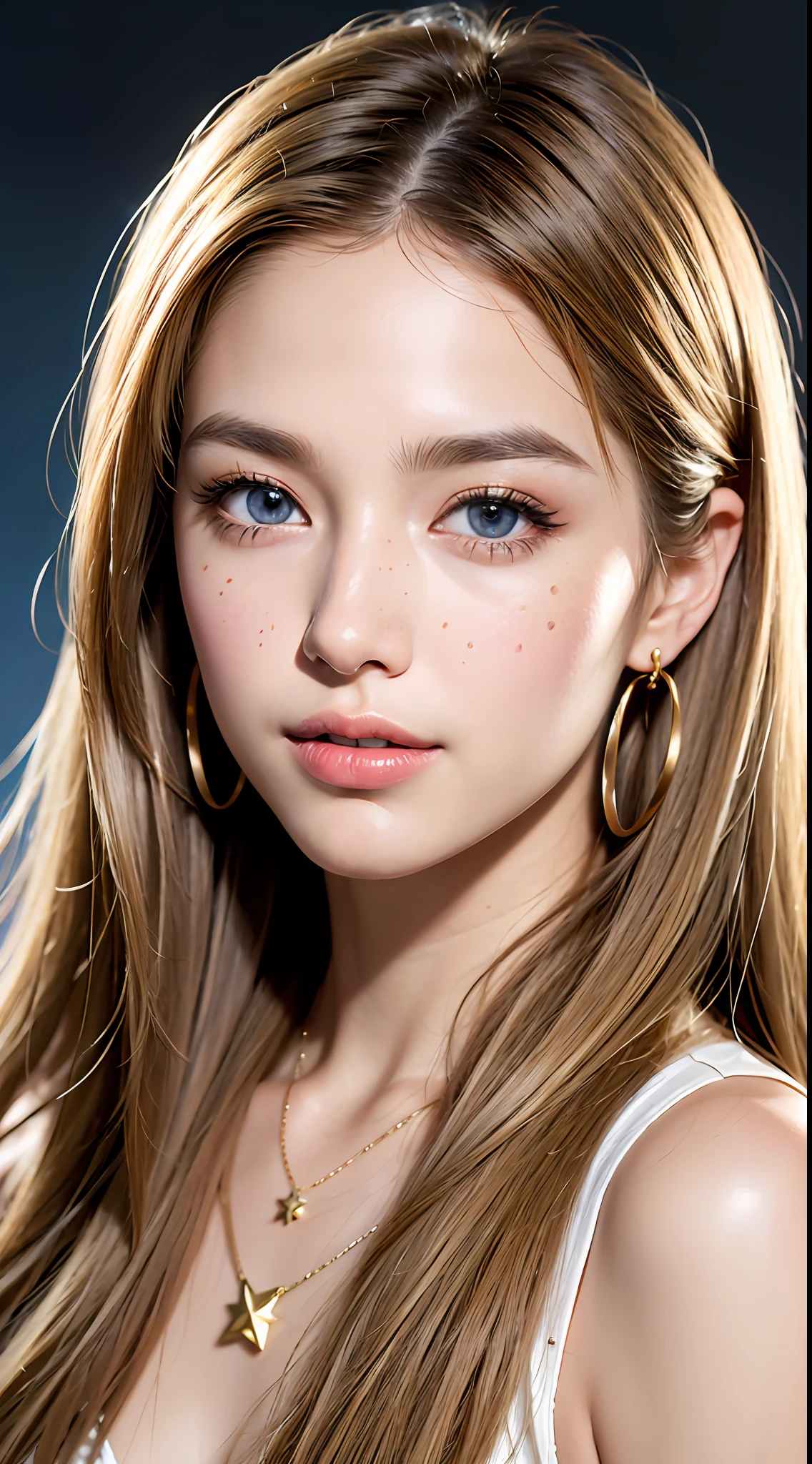 A face photograph of a beautiful ((17 years)) an American woman, photo centered, photo awarded, best quality, portrait by Annie Leibovitz, Canon 5D Mark II, film, professional photography, (rich colors: 1.1), hyper realistic, realistic texture, (natural lighting: 1.1), (Canon EF 85mm f/1.4L IS USM), face makeup, very long hair, light brown hair mixed with blonde, slightly wavy hair, voluminous hair, large and bright blue eyes, rounded eyes, Western woman, thick lips, very tanned skin, shy smile, extremely beautiful, long eyelashes, extremely detailed eyes and face, delicate and plump nose, realistic pupils, light freckles on the face, gold earrings, hair parted sideways, arched eyebrow, black mascara in the eyes, gold cord with star pendant, (increase the quality of cinematic lighting: 0.9), (Increase the beauty of the skin texture:1.1), smooth white background wall, sharp focus, cinematic lighting