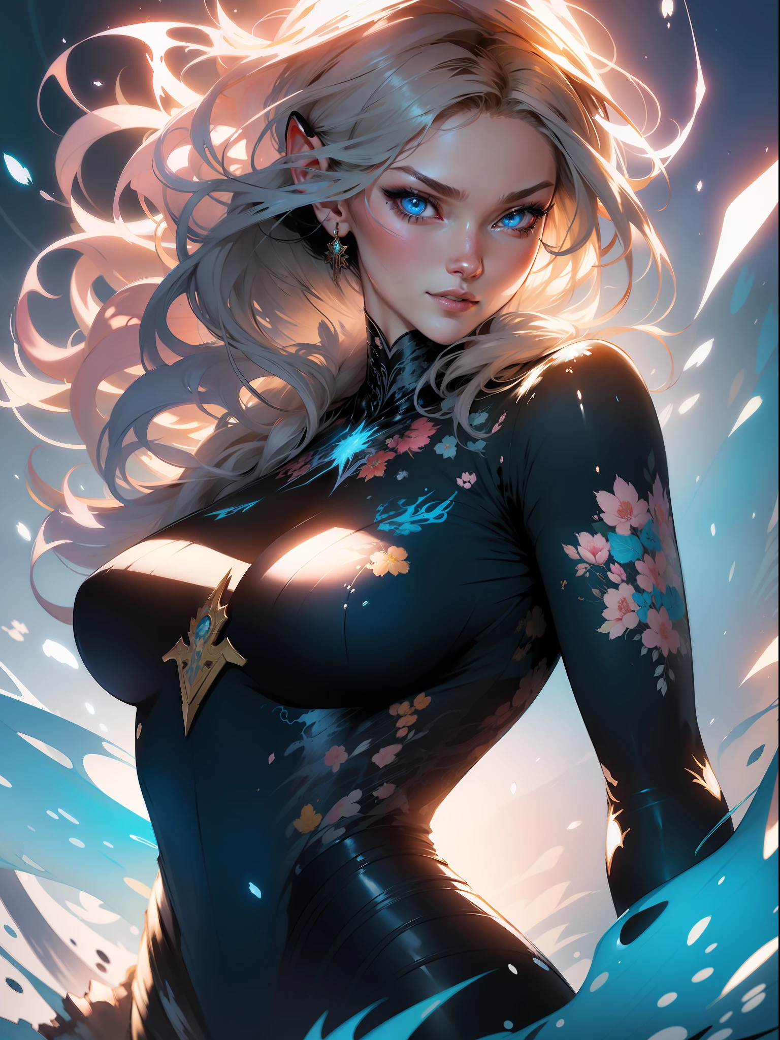 :: Comix Style by Joe Madureira :: Beautiful, perfect and detailed, ultra detailed shirt with black abstract design, with flower print on the sides of the dress, image of face smiling with air of confidence, with immersive effects, hover effect, graphite style background with vibrant colors "Ultra HDR" detailed and with focus effect, (masterpiece: 1.2, best quality), (beautiful eyes finely detailed: 1.2), ((Beautiful Woman )),long, straight and full hair with blonde color,with a natural glow ((Solo)), (Blue Eyes:1.4), (Finely detailed eyes and detailed face with long eyelashes:1.3),), (With ultra detailed jeans and a shirt with full ultra detailed tribal tatoom print:1.3), (Beautiful and clear background:1.2), (Extremely detailed CG, Ultra-detailed, Best Shadow:1.1), ("" character demonstrating his super power in the fist"") ((Depth of field and blur)), ((Watercolor)), Large breasts, Bare shoulders, Flowers and petals, Beautiful conceptual illustration , (white background:0.5), (Illustration :1.1), (extremely thin and beautiful: 1.1), (perfect details: 1.1) graffiti style background, freedom, soul, digital illustration, perfect anatomy, centered, approaching perfection, dynamic, highly detailed, watercolor painting, artstation, concept art, smooth, sharp focus, illustration, art by flesh Griffiths and Wadim Kashin, heterochromia, perfect anatomy, centered, approaching perfection, dynamic, highly detailed, character sheet, artstation, concept art, smooth, sharp focus, illustration, art by Kim Jung Gi,, Artgerm, Carne Griffiths and Wadim Kashin, Sasha Yakovleva, Loish, Jeremy Mann, Full Body Shot, Character Sheet, Lightning Wave, Beautiful Anime Watercolor Painting, Paint Dripping by Tim Okamura, Victor Nizovtsev, Greg Rutkowski, Noah Bradley. Trend in Artstation, 8K, masterpiece, graffiti paint, fine detail, full of color, intricate detail, golden proportion illustration, (Background with dragon mecha extremely