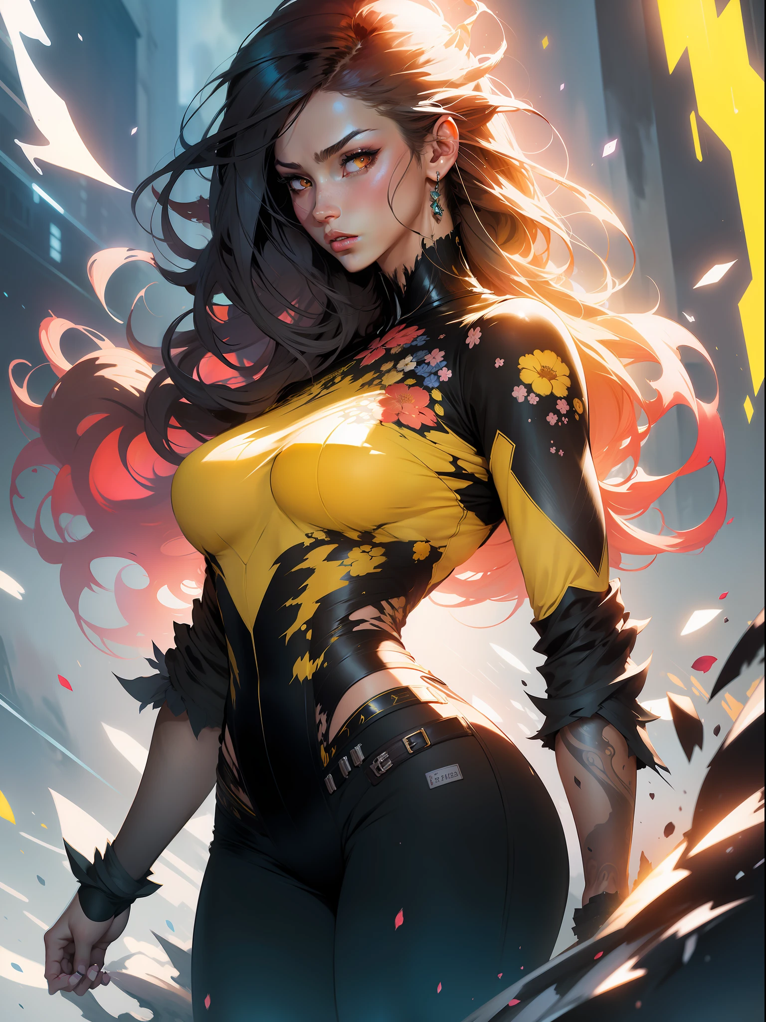 :: Comix Style by Joe Madureira :: beautiful, perfect and detailed, ultra detailed shirt with black abstract design, with flower print on the sides of the dress, image from the waist up, with immersive effects, hover effect, graphite style background with vibrant colors "Ultra HDR" detailed and with focus effect, (masterpiece: 1.2, best quality), (finely detailed beautiful eyes: 1.2), ((Beautiful Woman )),long, straight and full hair with white color,with a natural shine ((Solo)), (Red Eyes:1.4), (Finely detailed eyes and detailed face:1.3),), (With ultra detailed jeans and a yellow shirt with ultra detailed tribal tatoom print throughout:1.3), (Beautiful and clear background:1.2), (Extremely detailed CG, Ultra-detailed, Best Shadow:1.1), ("" character demonstrating his super power in the fist"") ((Depth of field and blur)), ((Watercolor)), Large breasts, Bare shoulders, Flowers and petals, Beautiful conceptual illustration , (white background:0.5), (Illustration :1.1), (extremely thin and beautiful: 1.1), (perfect details: 1.1) graffiti style background, freedom, soul, digital illustration, perfect anatomy, centered, approaching perfection, dynamic, highly detailed, watercolor painting, artstation, concept art, smooth, sharp focus, illustration, art by flesh Griffiths and Wadim Kashin, heterochromia, perfect anatomy, centered, approaching perfection, dynamic, highly detailed, character sheet, artstation, concept art, smooth, sharp focus, illustration, art by Kim Jung Gi,, Artgerm, Carne Griffiths and Wadim Kashin, Sasha Yakovleva, Loish, Jeremy Mann, Full Body Shot, Character Sheet, Lightning Wave, Beautiful Anime Watercolor Painting, Paint Dripping by Tim Okamura, Victor Nizovtsev, Greg Rutkowski, Noah Bradley. Trend in Artstation, 8K, masterpiece, graffiti paint, fine detail, full of color, intricate detail, golden proportion illustration, (Background with dragon mecha extremely