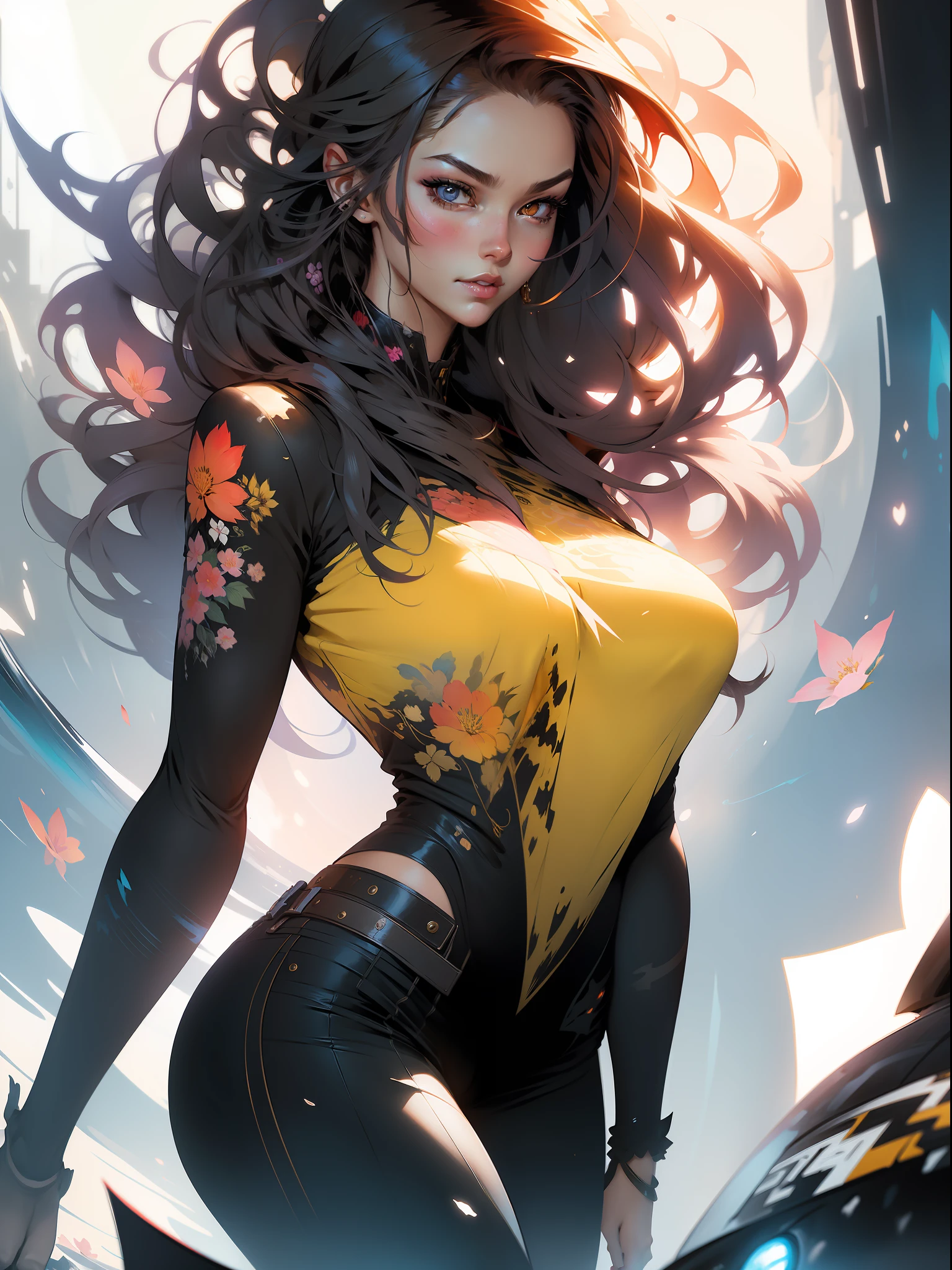 :: Comix Style by Joe Madureira :: beautiful, perfect and detailed, ultra detailed shirt with black abstract design, with flower print on the sides of the dress, image from the waist up, with immersive effects, hover effect, graphite style background with vibrant colors "Ultra HDR" detailed and with focus effect, (masterpiece: 1.2, best quality), (finely detailed beautiful eyes: 1.2), ((Beautiful Woman )),long, straight and full hair with white color,with a natural shine ((Solo)), (Red Eyes:1.4), (Finely detailed eyes and detailed face:1.3),), (With ultra detailed jeans and a yellow shirt with ultra detailed tribal tatoom print throughout:1.3), (Beautiful and clear background:1.2), (Extremely detailed CG, Ultra-detailed, Best Shadow:1.1), ("" character demonstrating his super power in the fist"") ((Depth of field and blur)), ((Watercolor)), Large breasts, Bare shoulders, Flowers and petals, Beautiful conceptual illustration , (white background:0.5), (Illustration :1.1), (extremely thin and beautiful: 1.1), (perfect details: 1.1) graffiti style background, freedom, soul, digital illustration, perfect anatomy, centered, approaching perfection, dynamic, highly detailed, watercolor painting, artstation, concept art, smooth, sharp focus, illustration, art by flesh Griffiths and Wadim Kashin, heterochromia, perfect anatomy, centered, approaching perfection, dynamic, highly detailed, character sheet, artstation, concept art, smooth, sharp focus, illustration, art by Kim Jung Gi,, Artgerm, Carne Griffiths and Wadim Kashin, Sasha Yakovleva, Loish, Jeremy Mann, Full Body Shot, Character Sheet, Lightning Wave, Beautiful Anime Watercolor Painting, Paint Dripping by Tim Okamura, Victor Nizovtsev, Greg Rutkowski, Noah Bradley. Trend in Artstation, 8K, masterpiece, graffiti paint, fine detail, full of color, intricate detail, golden proportion illustration, (Background with dragon mecha extremely