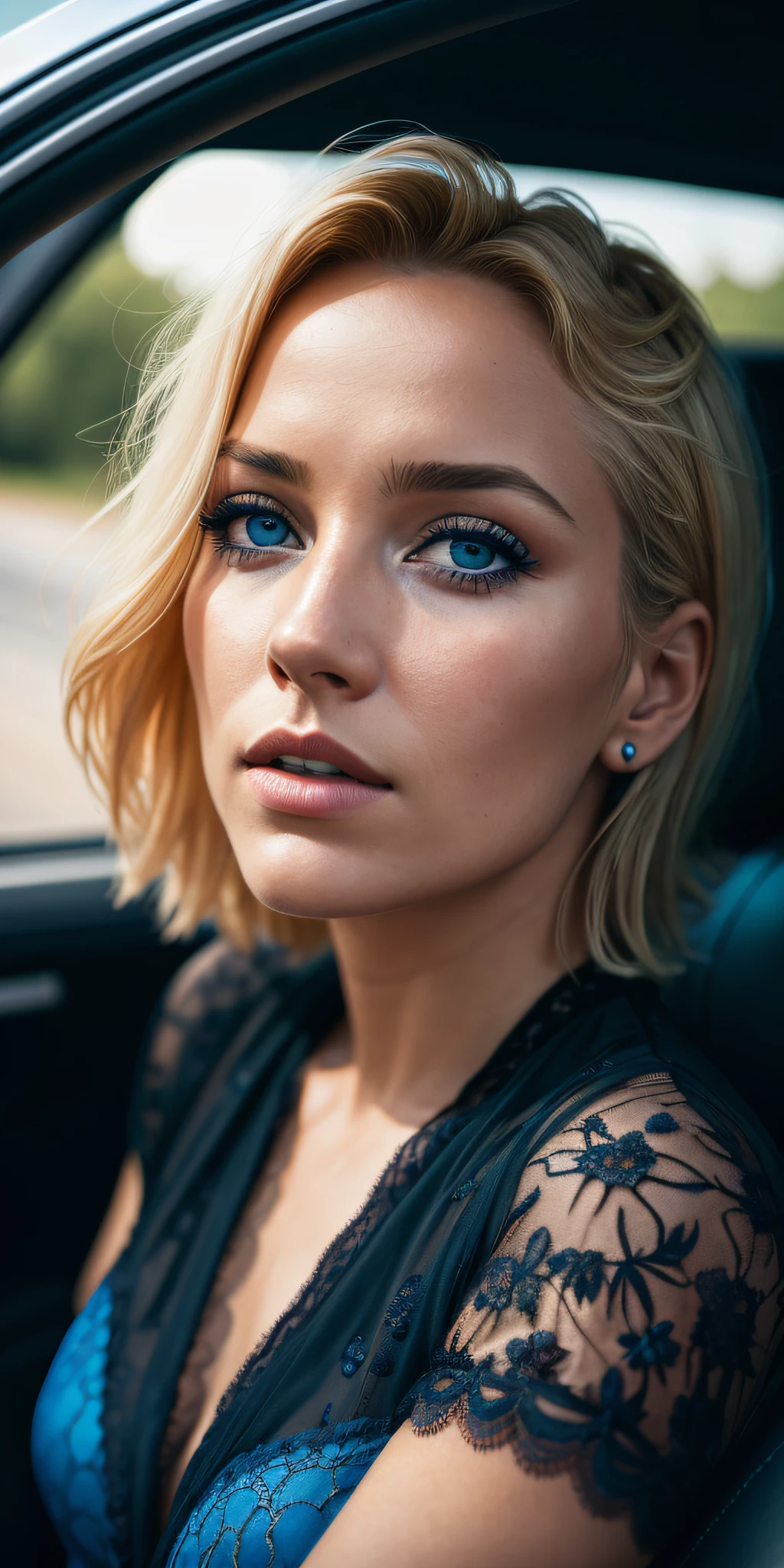 Masterpiece, beautiful blonde Germany girl ((sitting in a car, blue lace intricate future outfit)), sunset lighting, residential quarters, very detailed, dramatic lighting, digital art trending on Artstation 8k HD high definition detailed realistic, detailed, skin texture, hyper detailed, realistic skin texture, armature, best quality, ultra high res, (photorealistic:1.4), high resolution, detailed, raw photo, sharp re, by lee jeffries nikon d850 film stock photograph 4 kodak portra 400 camera f1.6 lens rich colors hyper realistic lifelike texture dramatic lighting unrealengine trending on artstation cinestill 800,