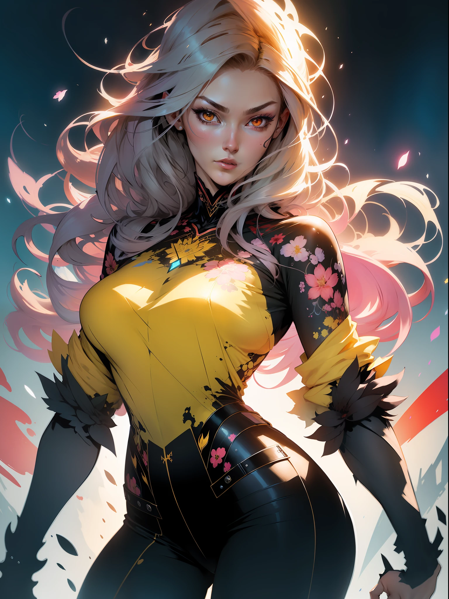 :: Comix Style by Joe Madureira :: beautiful, perfect and detailed, ultra detailed shirt with black abstract design, with flower print on the sides of the dress, image from the waist up, with immersive effects, hover effect, graphite style background with vibrant colors "Ultra HDR" detailed and with focus effect, (masterpiece: 1.2, best quality), (finely detailed beautiful eyes: 1.2), ((Beautiful Woman )),long, straight and full hair with white color,with a natural shine ((Solo)), (Red Eyes:1.4), (Finely detailed eyes and detailed face:1.3),), (With ultra detailed jeans and a yellow shirt with ultra detailed tribal tatoom print throughout:1.3), (Beautiful and clear background:1.2), (Extremely detailed CG, Ultra-detailed, Best Shadow:1.1), ("" character demonstrating his super power in the fist"") ((Depth of field and blur)), ((Watercolor)), Large breasts, Bare shoulders, Flowers and petals, Beautiful conceptual illustration , (white background:0.5), (Illustration :1.1), (extremely thin and beautiful: 1.1), (perfect details: 1.1) graffiti style background, freedom, soul, digital illustration, perfect anatomy, centered, approaching perfection, dynamic, highly detailed, watercolor painting, artstation, concept art, smooth, sharp focus, illustration, art by flesh Griffiths and Wadim Kashin, heterochromia, perfect anatomy, centered, approaching perfection, dynamic, highly detailed, character sheet, artstation, concept art, smooth, sharp focus, illustration, art by Kim Jung Gi,, Artgerm, Carne Griffiths and Wadim Kashin, Sasha Yakovleva, Loish, Jeremy Mann, Full Body Shot, Character Sheet, Lightning Wave, Beautiful Anime Watercolor Painting, Paint Dripping by Tim Okamura, Victor Nizovtsev, Greg Rutkowski, Noah Bradley. Trend in Artstation, 8K, masterpiece, graffiti paint, fine detail, full of color, intricate detail, golden proportion illustration, (Background with dragon mecha extremely