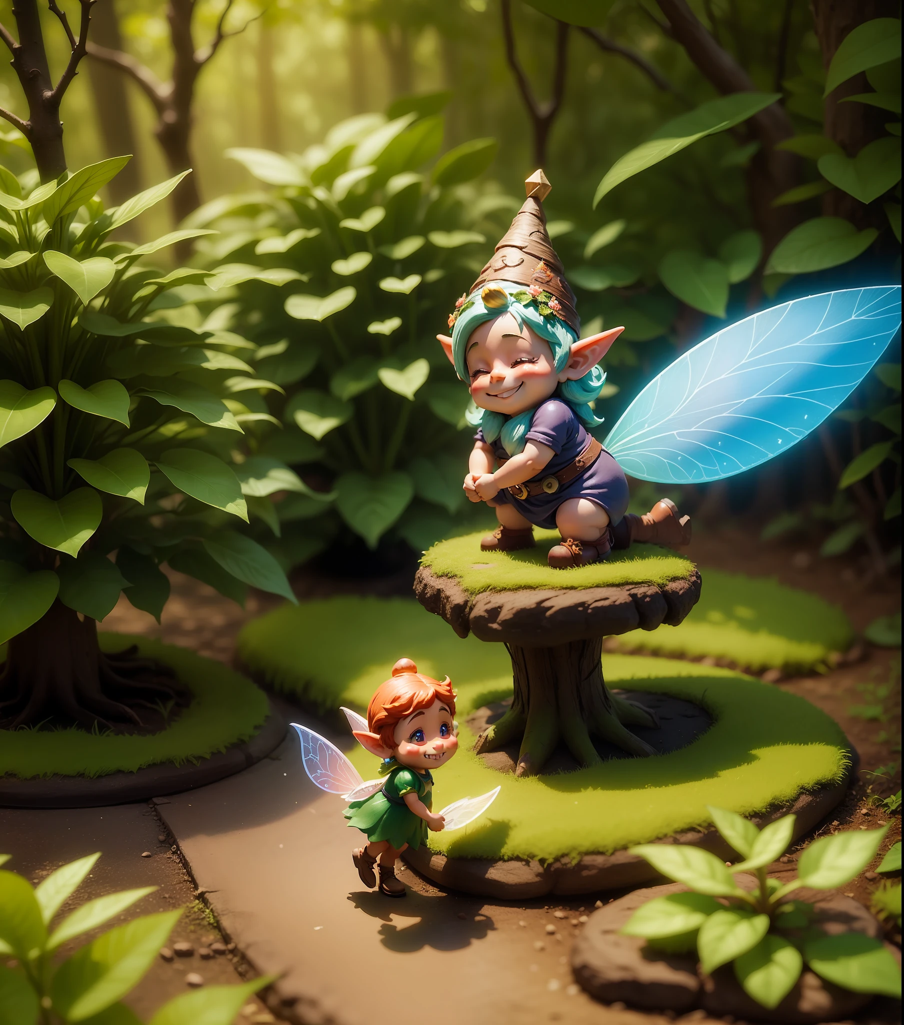 (small fairy with bright wings, smiling in an enchanted forest), detailed image, Disney-style fantasy world, ((gnomes, enchanted beings),fairy tales),8k.