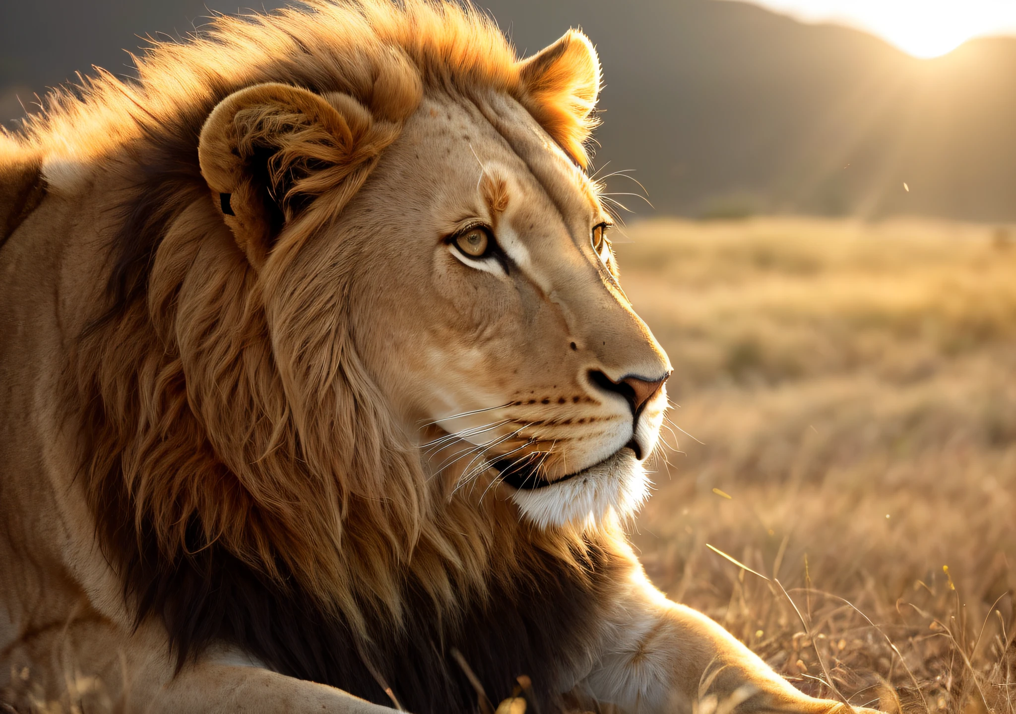 close-up photo of a Lion in Africa Savannah, soft volumetric lights golden hour (backlighting: 1.3), (cinematics: 1.2), intricate details (ArtStation: 1.3), Rutkowski