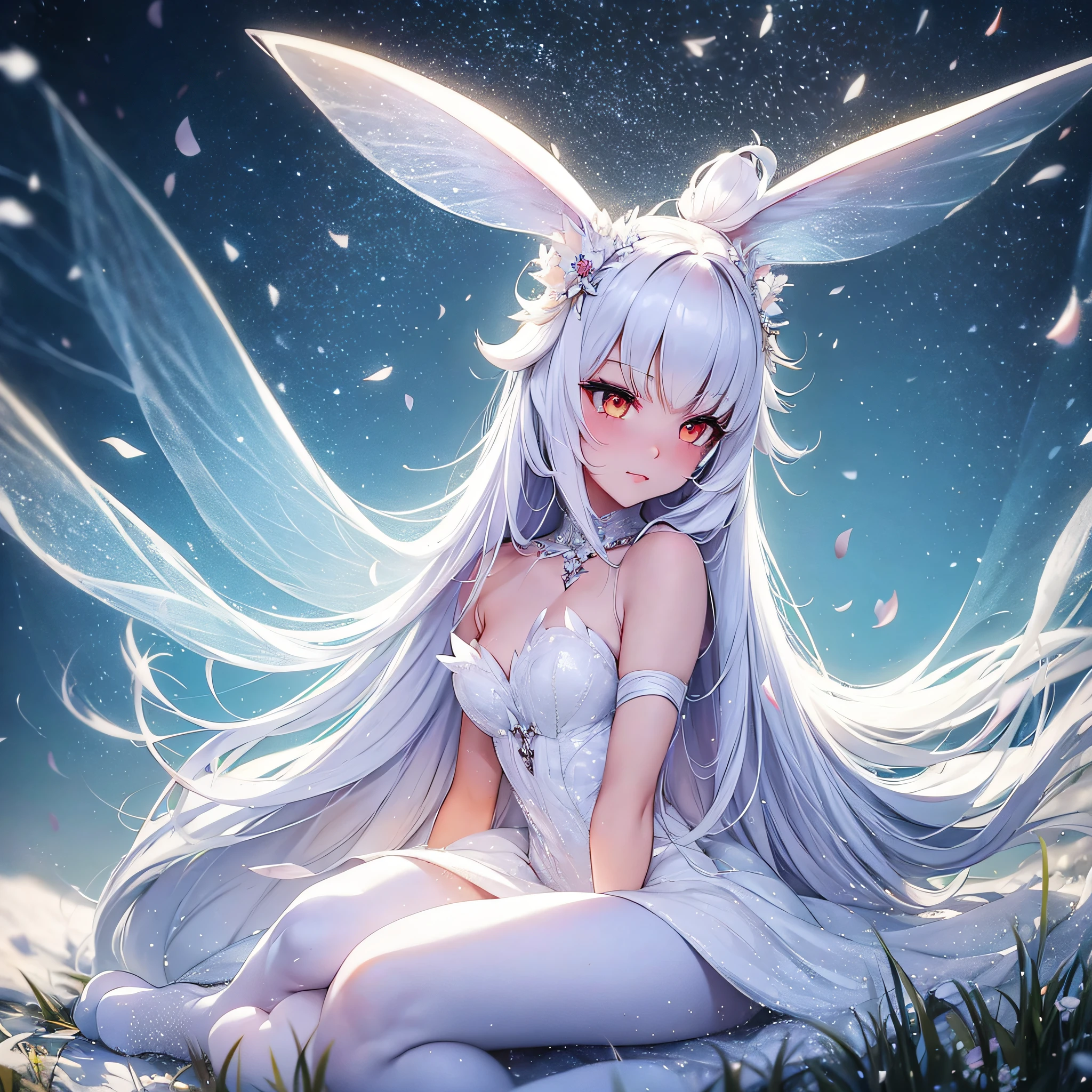 Bunny Fairy, snow-white skin / fur, long silver hair, lovely long snow-white rabbit ears, transparent fairy wings flecked with snow, a crimson bunny tail, crimson eyes, wearing a fancy fantasy dress, sitting down in the grass as snow falls all around her, beautiful, enchanting, masterpiece, best quality