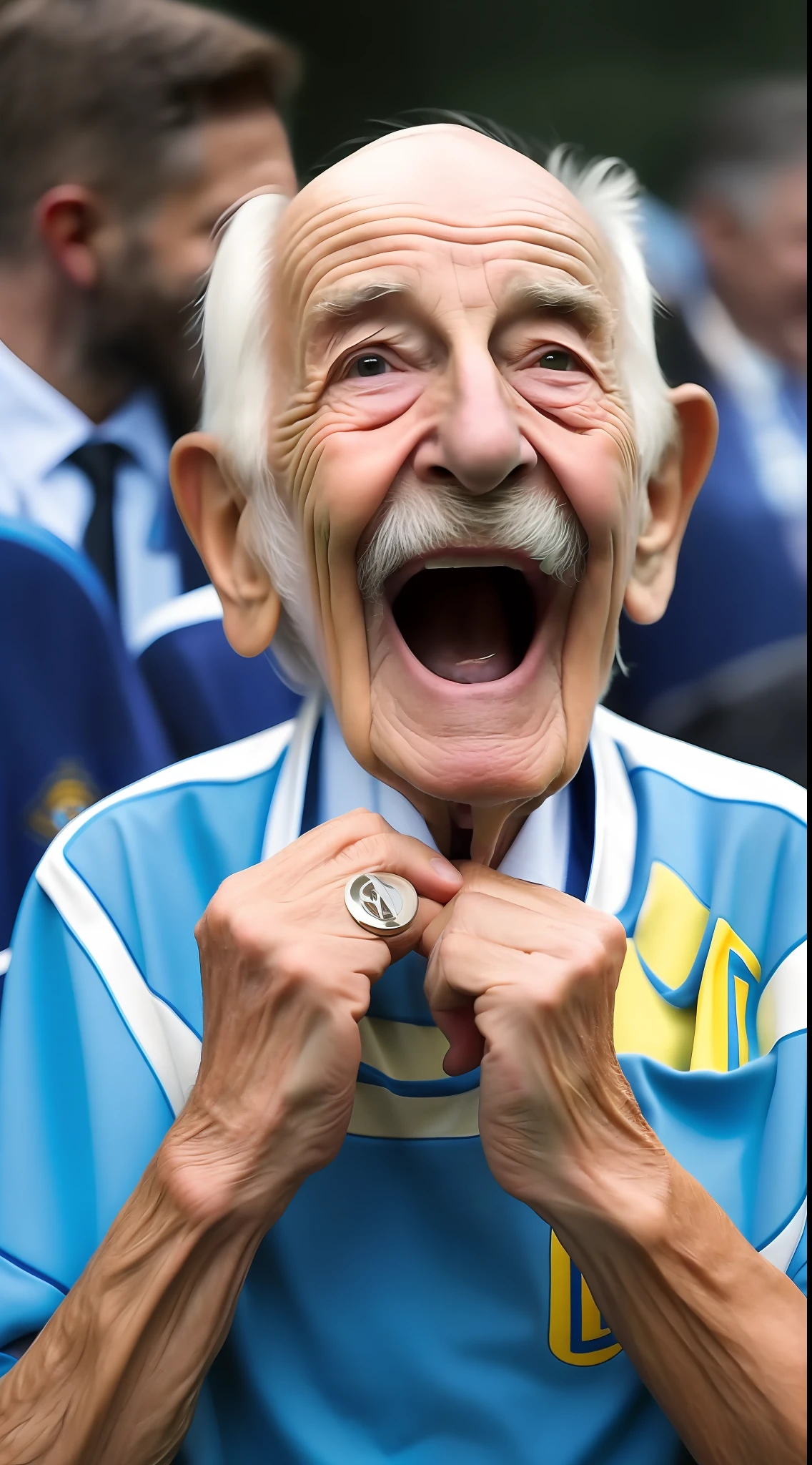 90-year-old man celebrating Champions League title Manchester City, cane, cute old man, happy, crying with joy, colourful, happiness, fan, Manchester City shirt