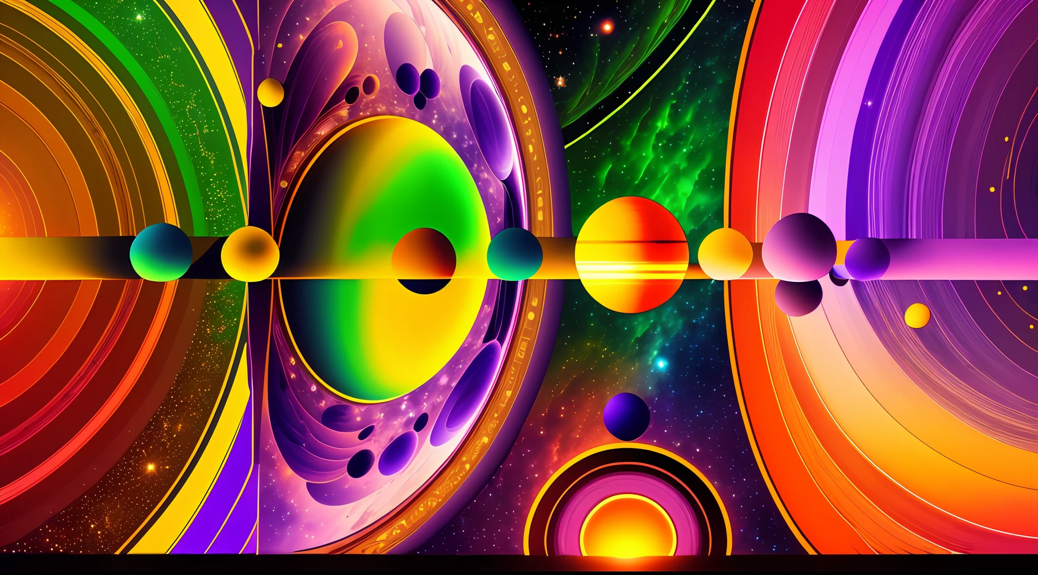 A closeup of a circle of colored planets in space, 4 suns at the ends: a purple sun at the northeast end, a green sun at the northwest end, a red sun at the southeast end, and a yellow one at the southwest end. circular composition, (((masterpiece))), 8k wallpaper of ultra-detailed CG unit of best quality, banner for youtube --auto --s2