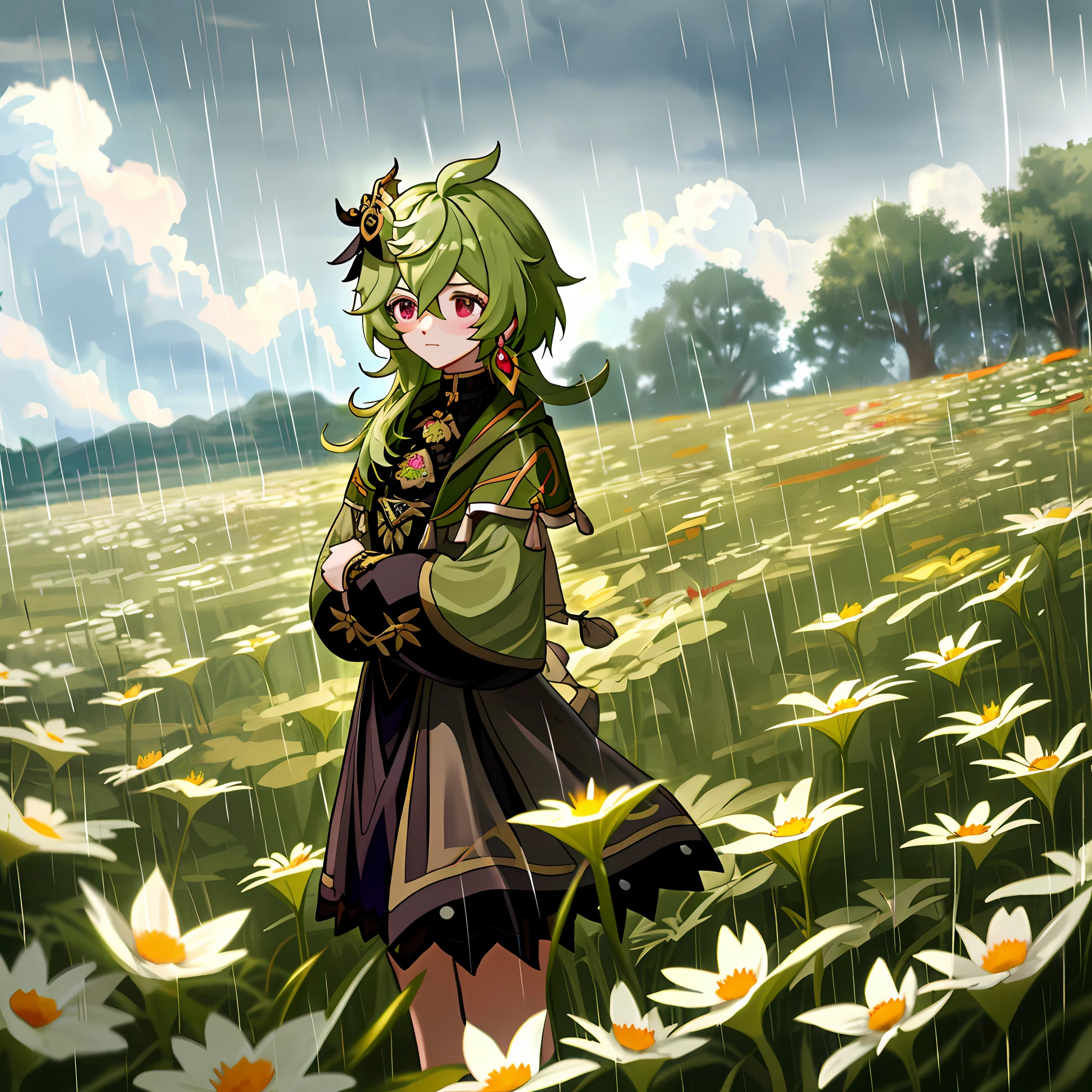 Collei from Genshin Impact, shy, flowers, rain, cloud, red