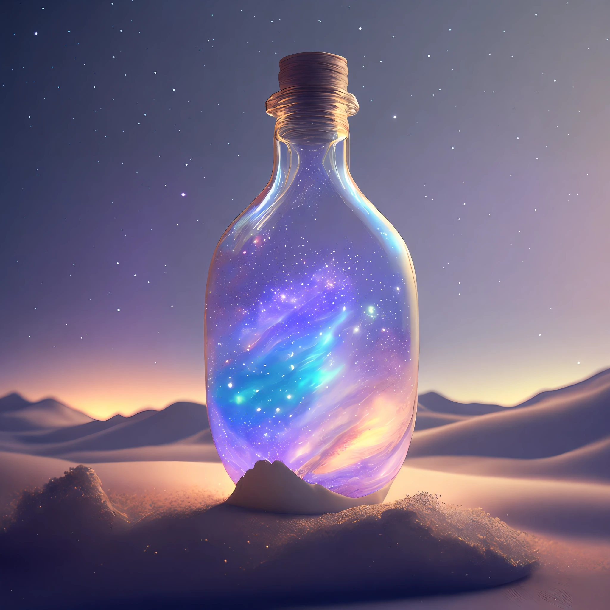 glass bottle sitting on top of a table| a photorealistic painting| pixels| pastels| conceptual art| earth,stars and galaxies| highly detailed perfect render| light effect| modern fantasy| glittering multiversal ornaments| universe in a grain of sand| photo manipulation| beautiful composition