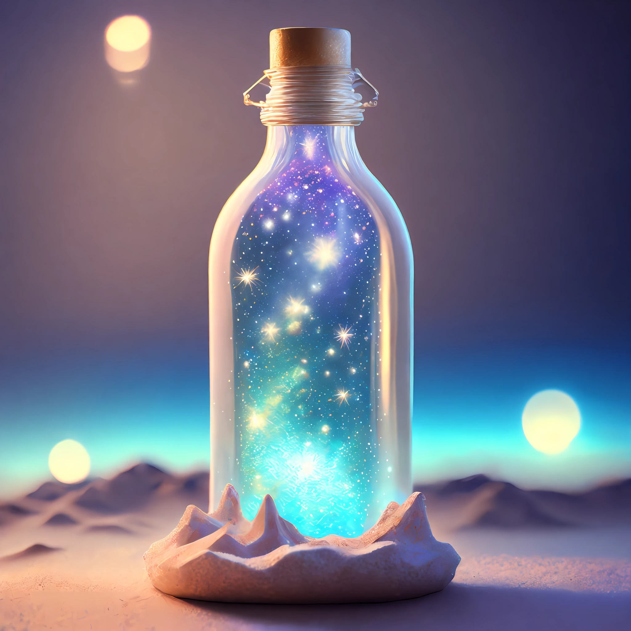 glass bottle sitting on top of a table| a photorealistic painting| pixels| pastels| conceptual art| earth,stars and galaxies| highly detailed perfect render| light effect| modern fantasy| glittering multiversal ornaments| universe in a grain of sand| photo manipulation| beautiful composition