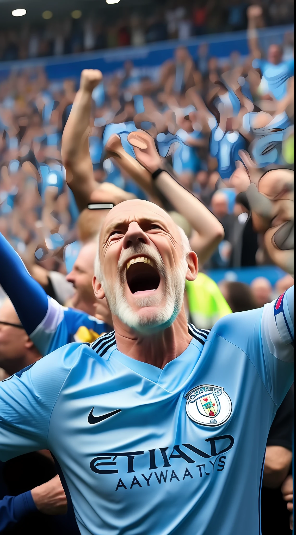 60-year-old man celebrating Champions League title Manchester City, cane, cute old man, happy, crying with joy, colorful, happiness, fan, Manchester City shirt, English, redhead, blond