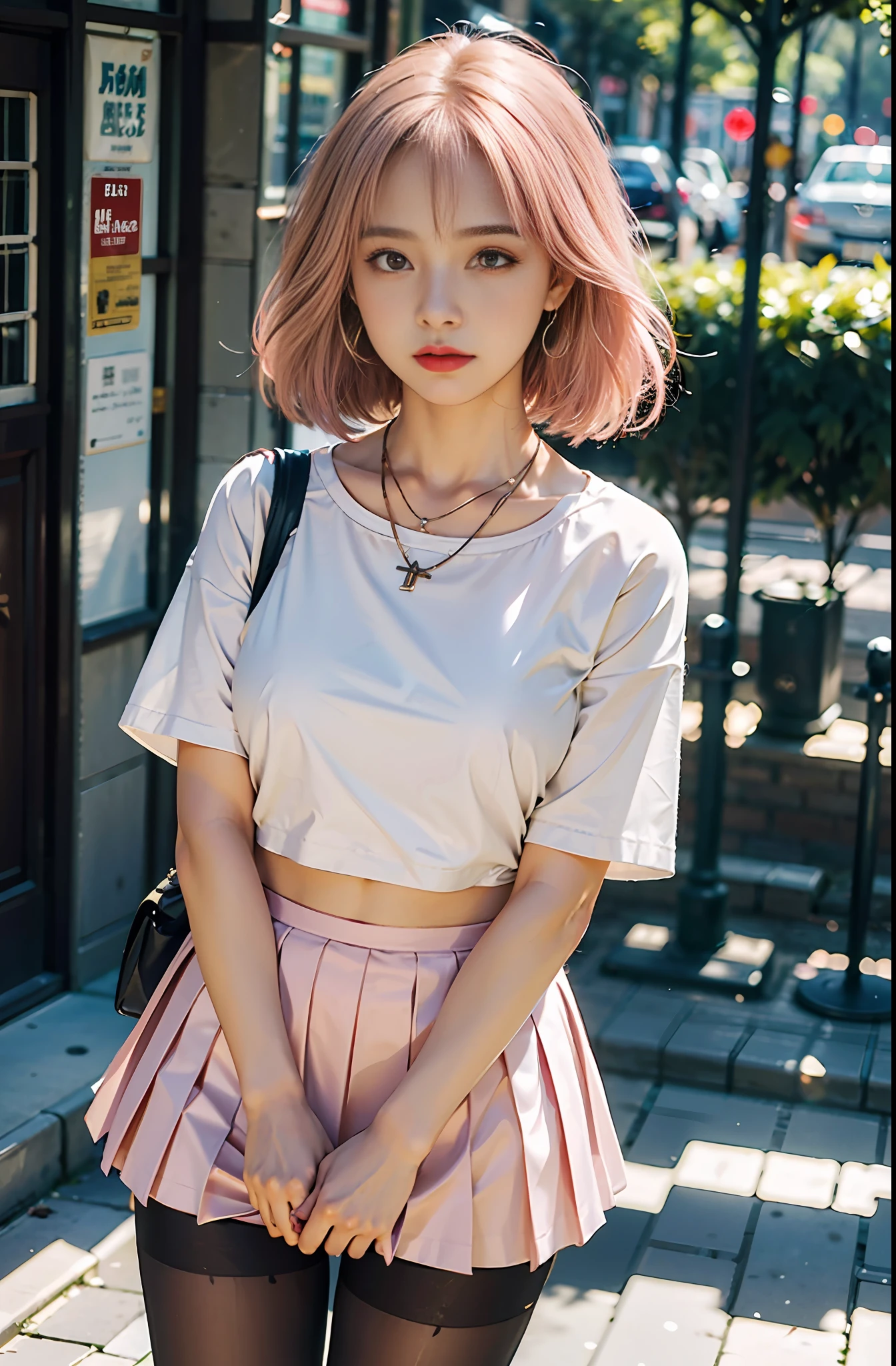 Masterpiece, 1 girl, waist up, faint smile, shiny skin, best quality, masterpiece, (realistic: 1.4), school uniform, pleated skirt, black stockings, background blur, focal length on person, (large aperture: 1.2), pink hair, necklace, earrings, japanese street, night