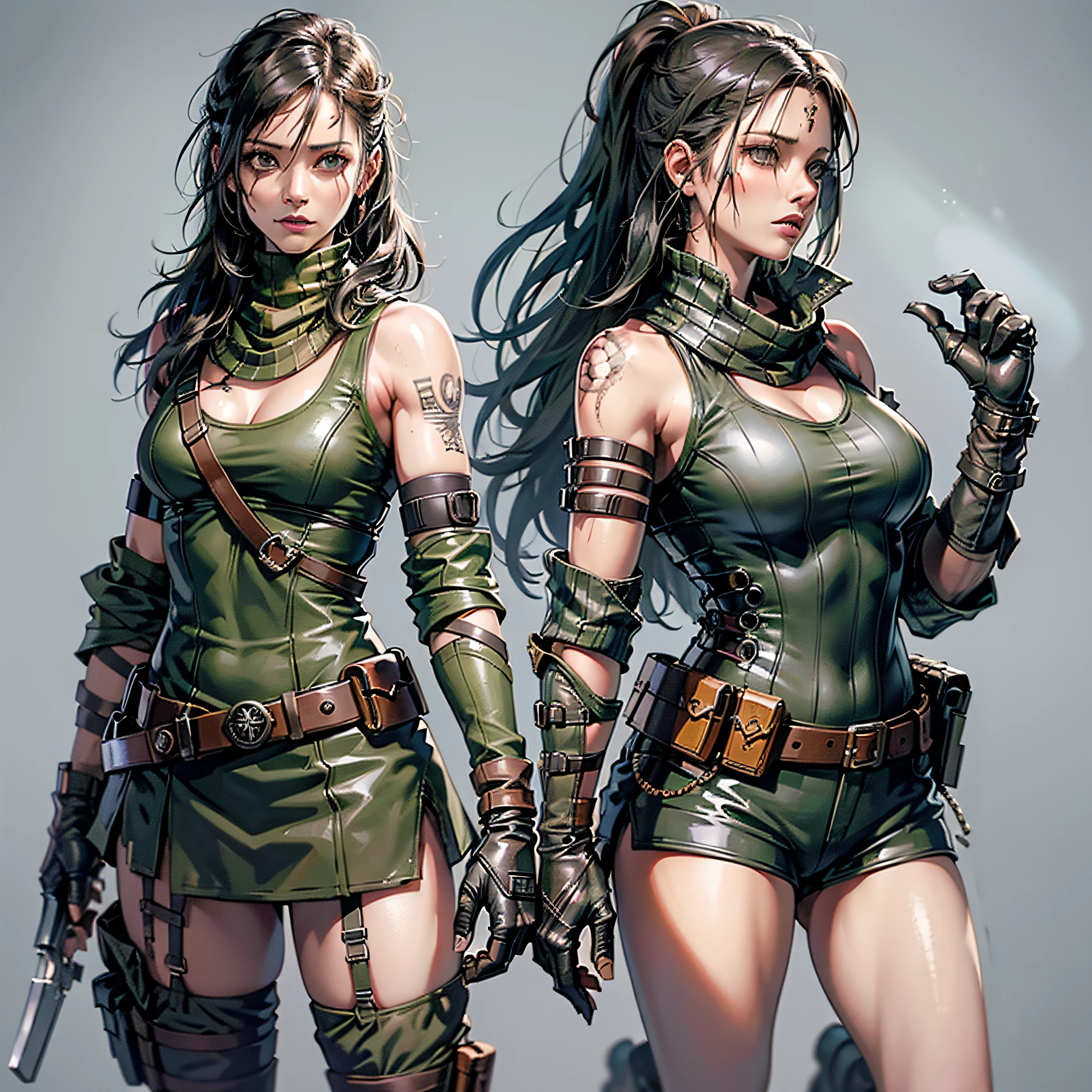 ANIME WOMAN CHARACTER, FULL BODY, standing, ((design sketches)), (masterpiece), long black hair viking style, extremely detailed, (original design), (animated poses), warrior, AMITA FARCRY 4, RUSTY WOMAN (unique accessories, little clothing, leather gloves), professionally retouched, white background, (female: 1.1) , (dirty: 1.1), (movement: 0.8), (young: 1.3), (sprint: 0.6) (concept the walking dead) (concept Metal gear solid) (concept Amita farcry 4) (concept tomb raider) --auto --s2