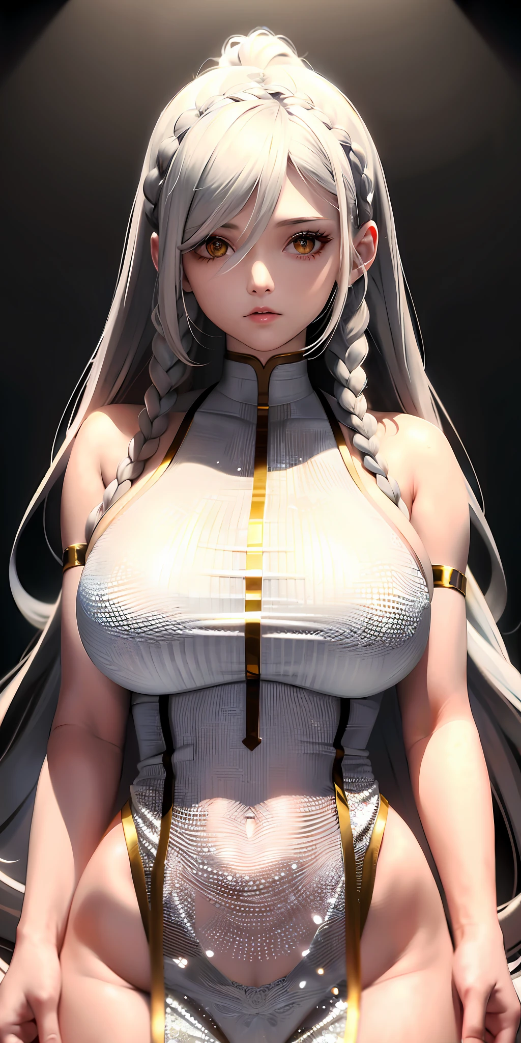 top quality, masterpiece, gray hair, golden eyes, white clothes, look up, upper body, hair strands, fair skin, side braids, huge breasts, stunning lower body, fluffy