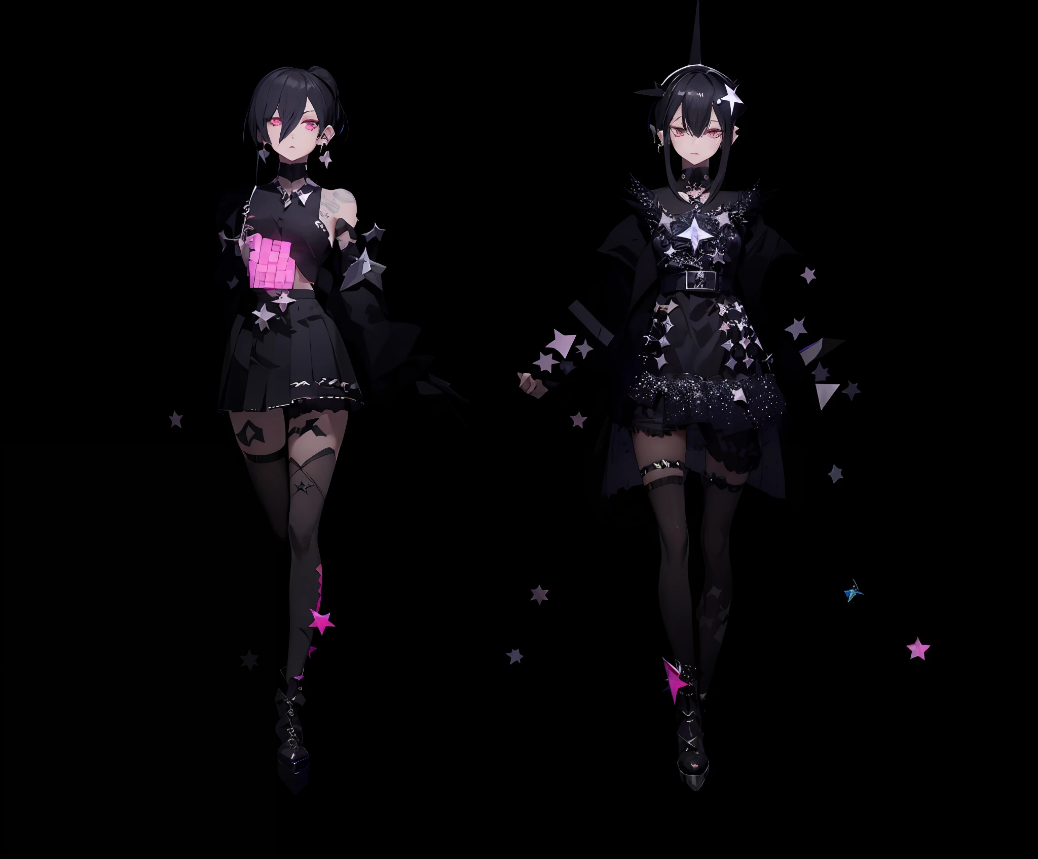 H bronya, 2girl, solo, accessories, black hair, bangs, pink eyes, grim expression, silver star-shaped earrings, irregular cut, black paneled skirt, embellished black crystal, silver shimmering star chips, skirt tail mopping, gothic, silver lace-up heels, gothic style