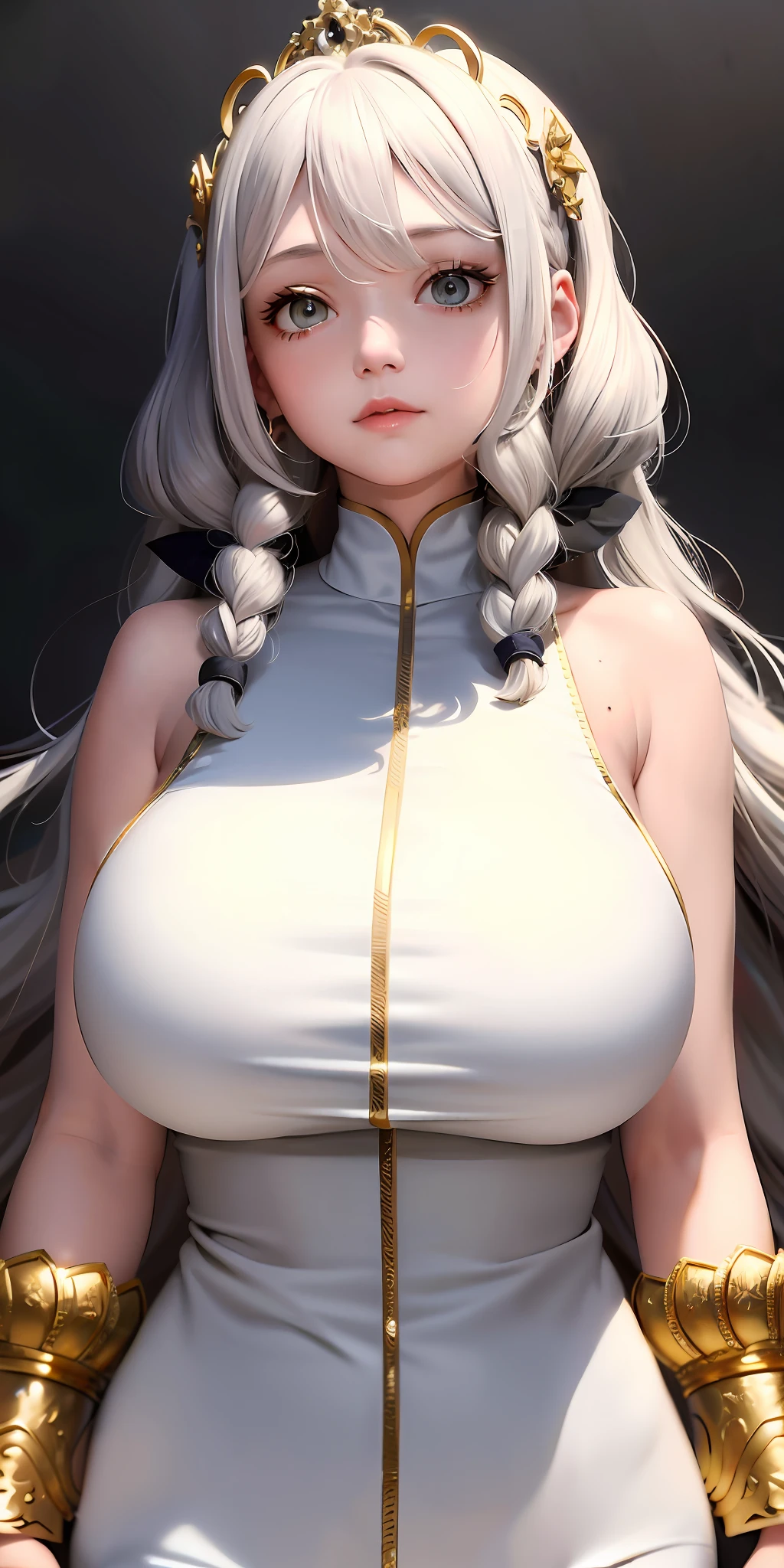 Top quality, masterpiece, gray hair, gold-eyed, white clothes, looking up, upper body, hair strands, fair skin, side braids, huge breasts, stunning lower body, fluffy white wavy wavy hair