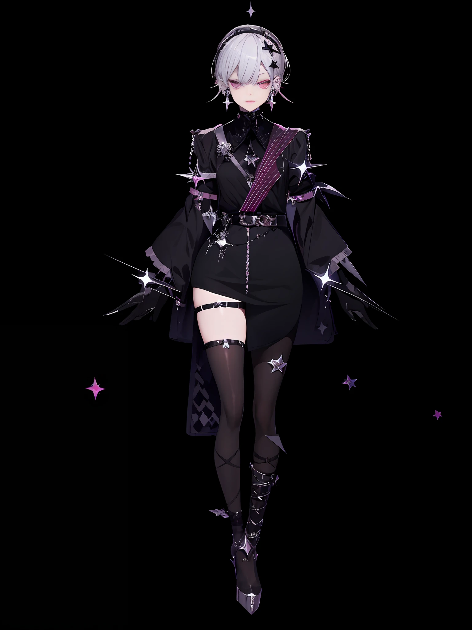 H bronya, 2girl, solo, accessories, black hair, bangs, pink eyes, grim expression, silver star-shaped earrings, irregular cut, black paneled skirt, embellished black crystal, silver shimmering star chips, back skirt mopping, gothic style, silver lace-up heels, gothic style
