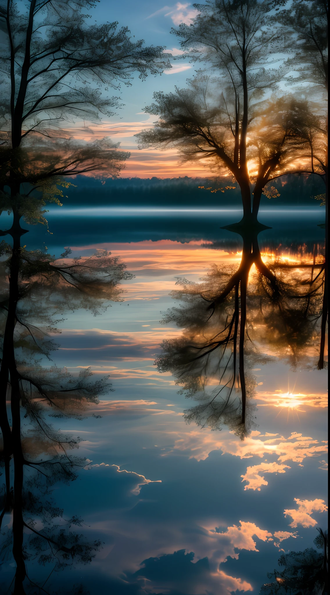 Wallpaper, summer, lake, dawn, forest, clouds, dawn background, depth of field, HD detail, hyperdetail, cinematic, soft light, deep field focus bokeh, ray tracing, diffuse (ultra-fine glass reflection) and realism. --v6