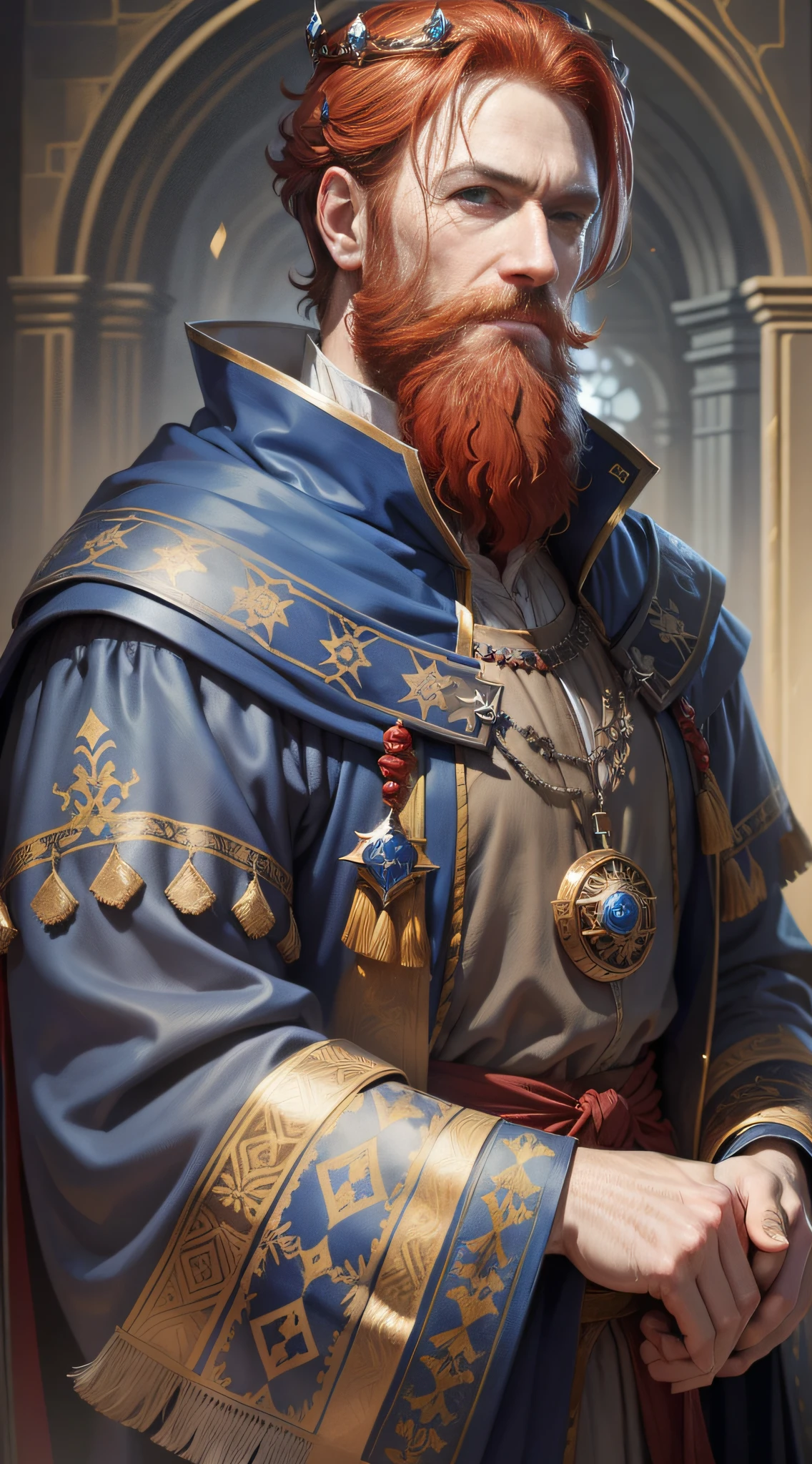 Arafed man with a blue crown and robe, red-haired and graying medieval king, red-haired beard, thinning beard, age 50 years, short hair, portrait of emperor of humanity, highly detailed character, painted in high resolution.