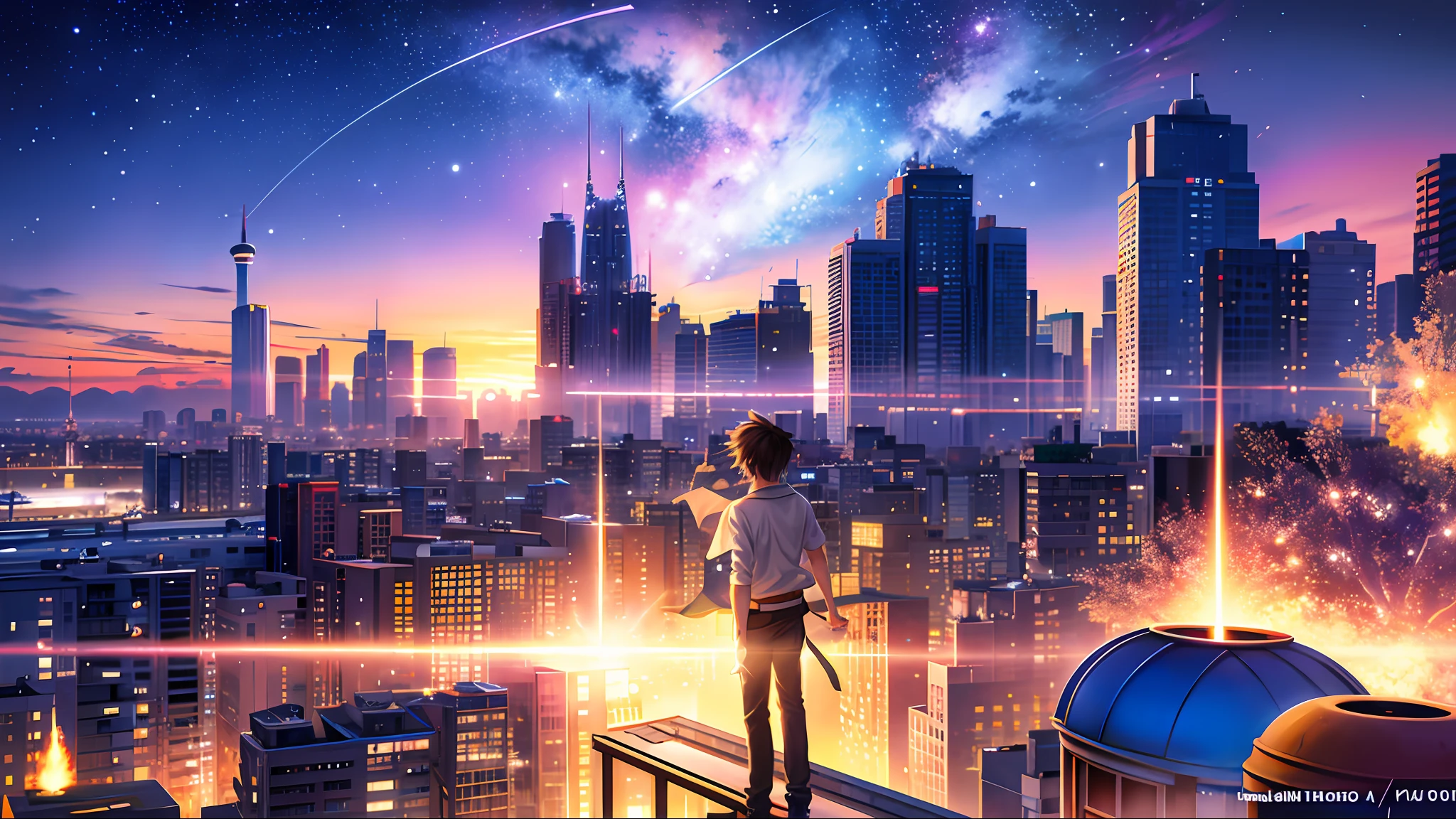 ultra High revolution with detailed anime scene of a man standing on a rooftop looking at a city, anime movie background, cosmic skies. by makoto shinkai, 4k anime wallpaper, ( ( makoto shinkai ) ), makoto shinkai. —h 2160, makoto shinkai cyril rolando, your name, anime art wallpaper 8 k, anime wallpaper 4 k
