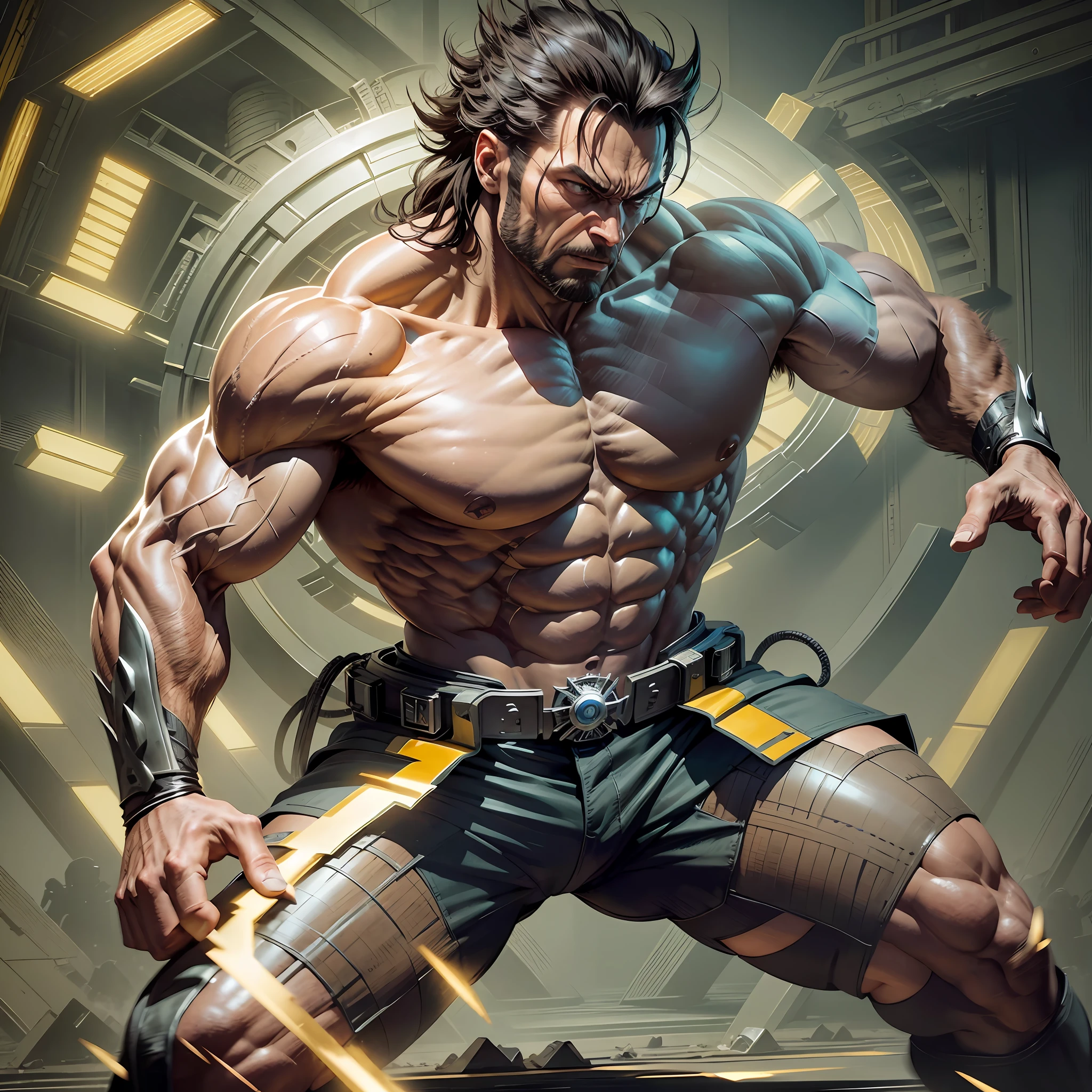 "An incredibly detailed and intense action scene with Wolverine Ciborg, metal claws, x-men pants depicting his fighting and endurance skills, with perfect lighting and shadows, stunning details and vivid colors." --auto --s2