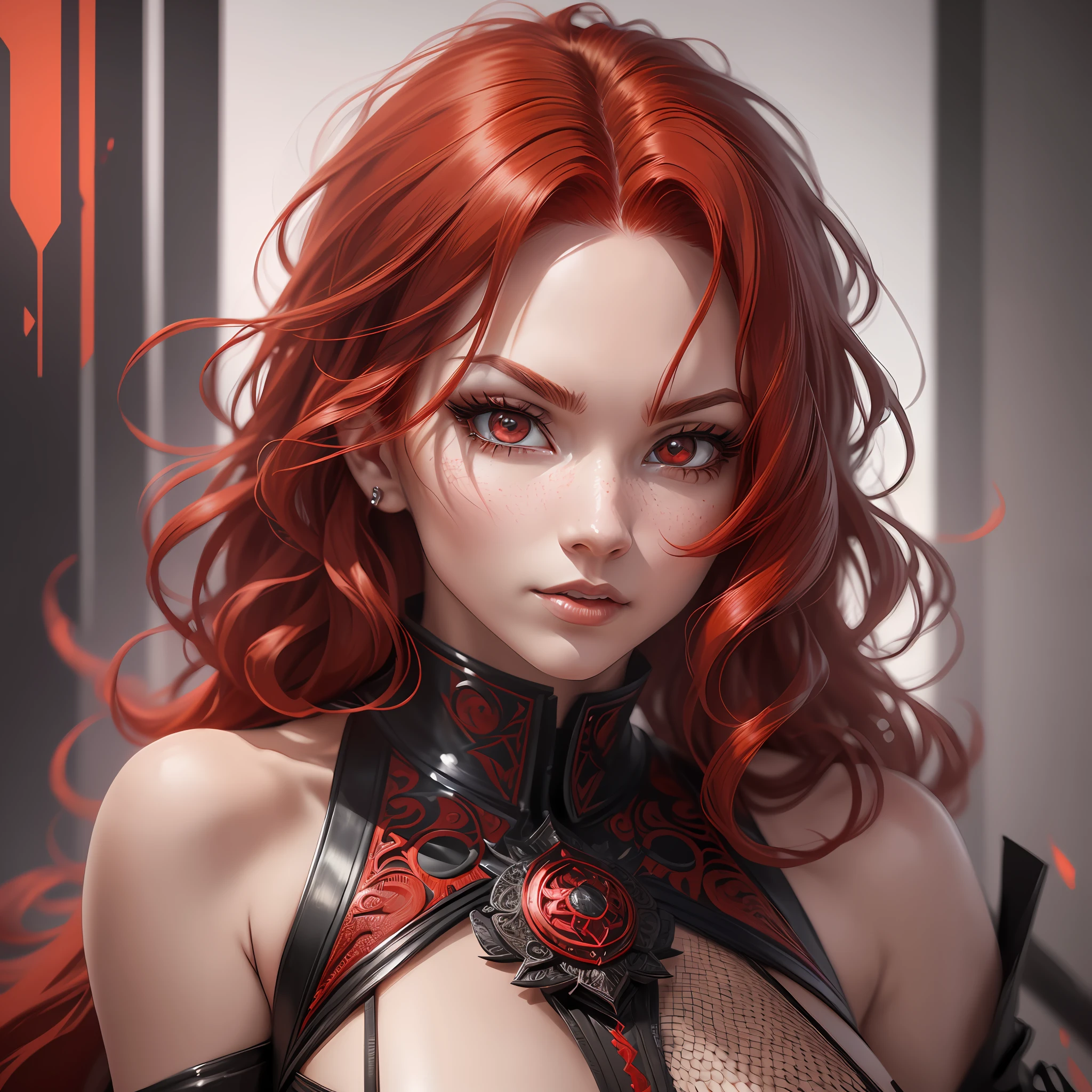 woman, solo, red hair, red eyes, (dynamic pose:1.5), (intricate details:1.2), 8k wallpaper, (highest image quality:1.5), (8k:1.4), (Masterpiece), (ultra-detailed), (Detailed eyes:1.4), (sharp details:1.3), large curly hair