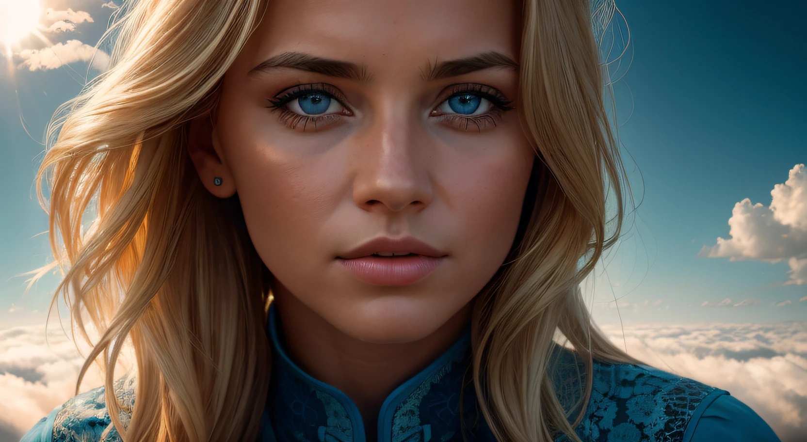 Masterpiece, beautiful blonde Germany girl ((laying on clouds above the earth, blue lace intricate future outfit)), sunset lighting, residential quarters, very detailed, dramatic lighting, digital art trending on Artstation 8k HD high definition detailed realistic, detailed, skin texture, hyper detailed, realistic skin texture, armature, best quality, ultra high res, (photorealistic:1.4), high resolution, detailed, raw photo, sharp re, by lee jeffries nikon d850 film stock photograph 4 kodak portra 400 camera f1.6 lens rich colors hyper realistic lifelike texture dramatic lighting unrealengine trending on artstation cinestill 800,