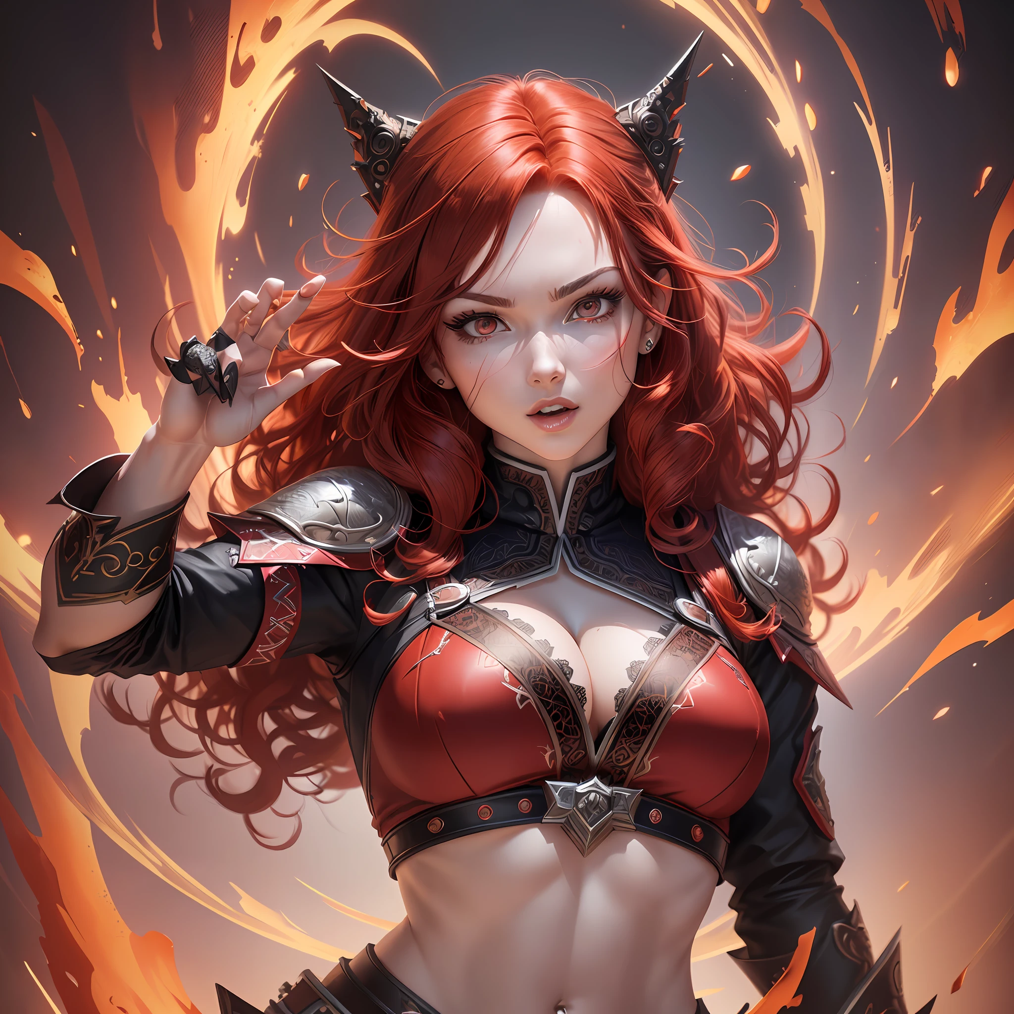 woman, solo, red hair, red eyes, (dynamic pose:1.5), (intricate details:1.2), 8k wallpaper, (highest image quality:1.5), (8k:1.4), (Masterpiece), (ultra-detailed), (Detailed eyes:1.4), (sharp details:1.3), large curly hair