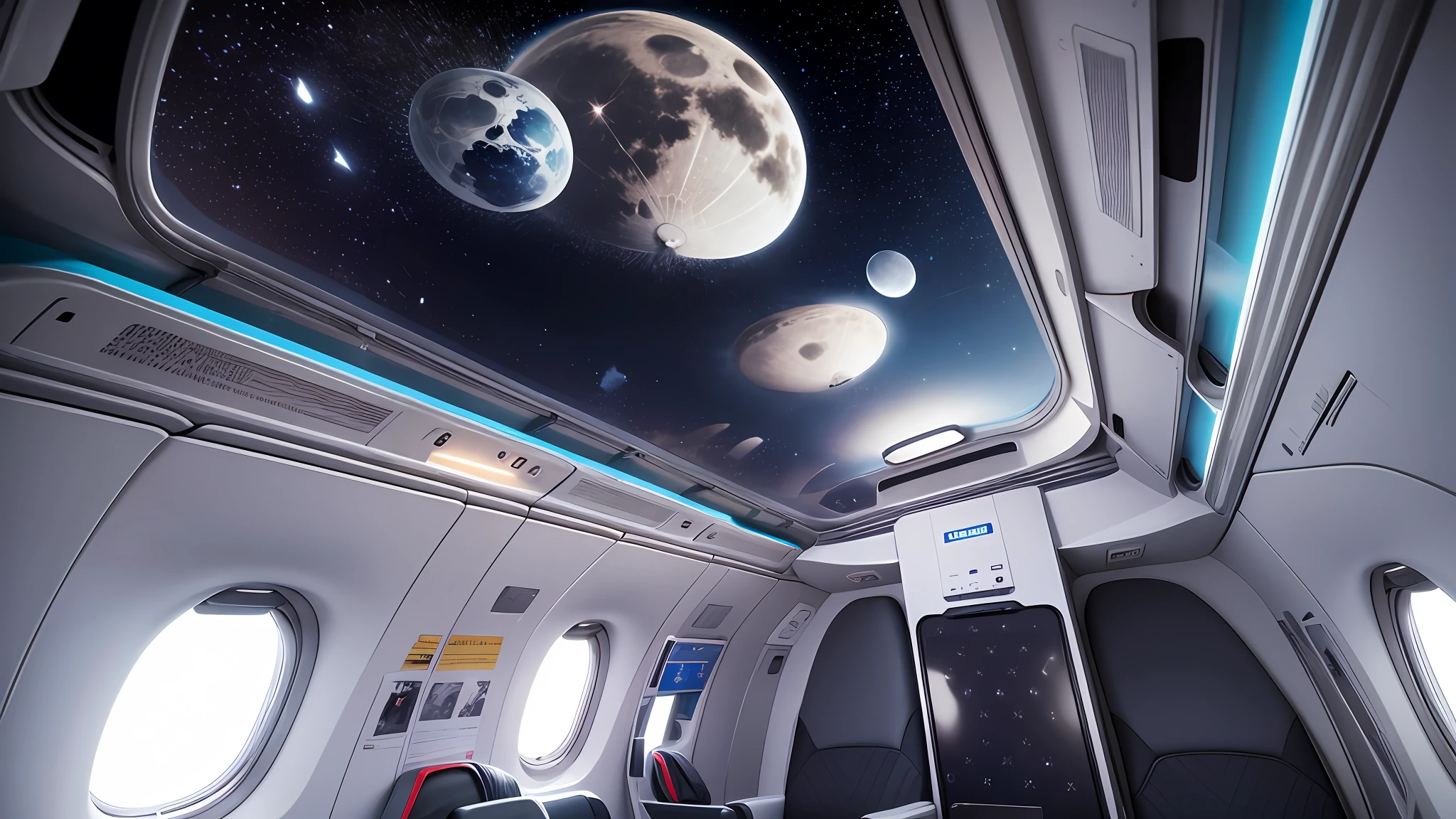 Interior of the A320 airplane with transparent roof showing the stars and the moon. --auto --s2