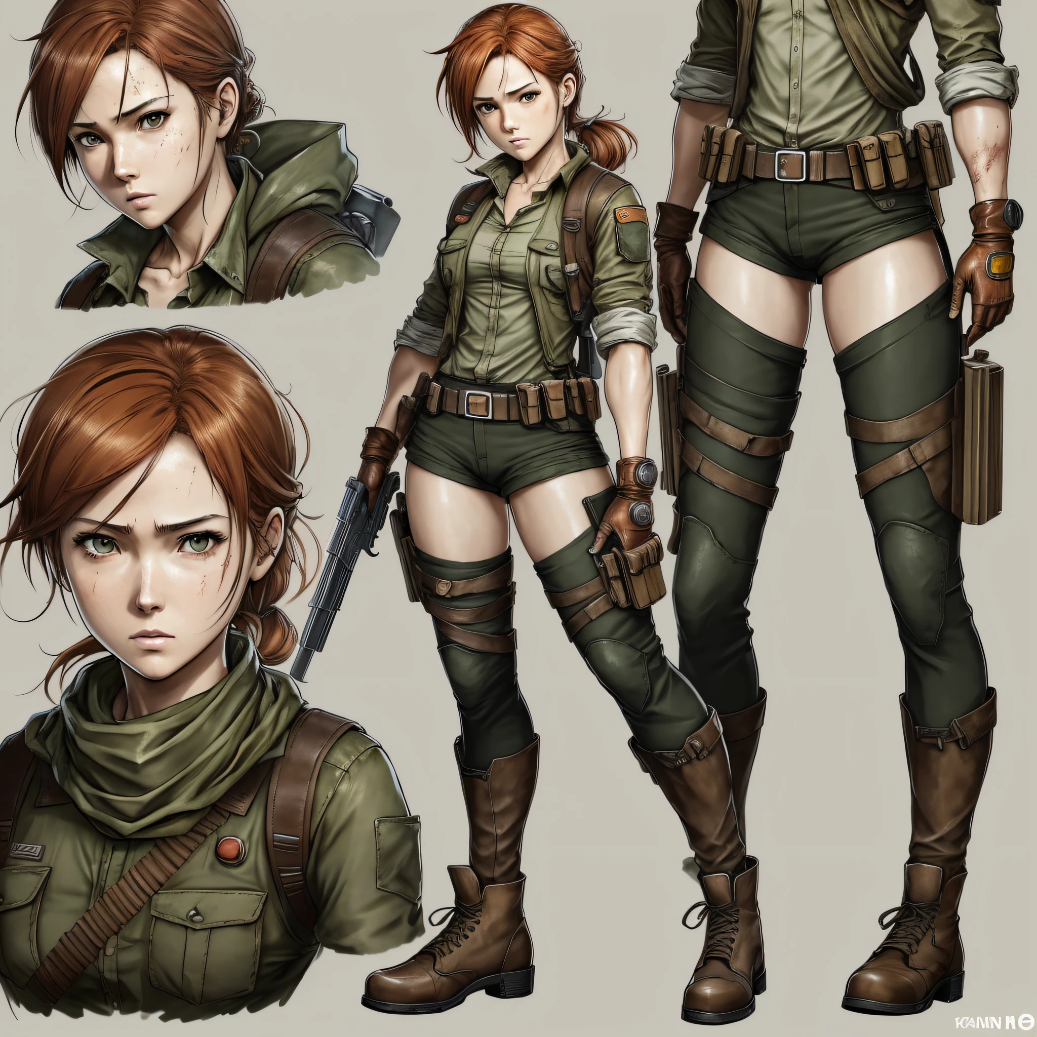 ANIME WOMAN CHARACTER, FULL BODY, standing, ((design sketches)), (masterpiece), orange red hair, wearing a bandana, extremely detailed, (original design), (animated poses), kung-fu stick (unique accessories, olive green shirt, leather gloves, brown leather shoe), professionally retouched, white background, (female: 1.1), (dirty: 1.1), (movement: 0.8), (young: 1.3), (sprint: 0.6) (the walking dead concept) (Metal gear solid concept) (concept the last of us) --auto --s2