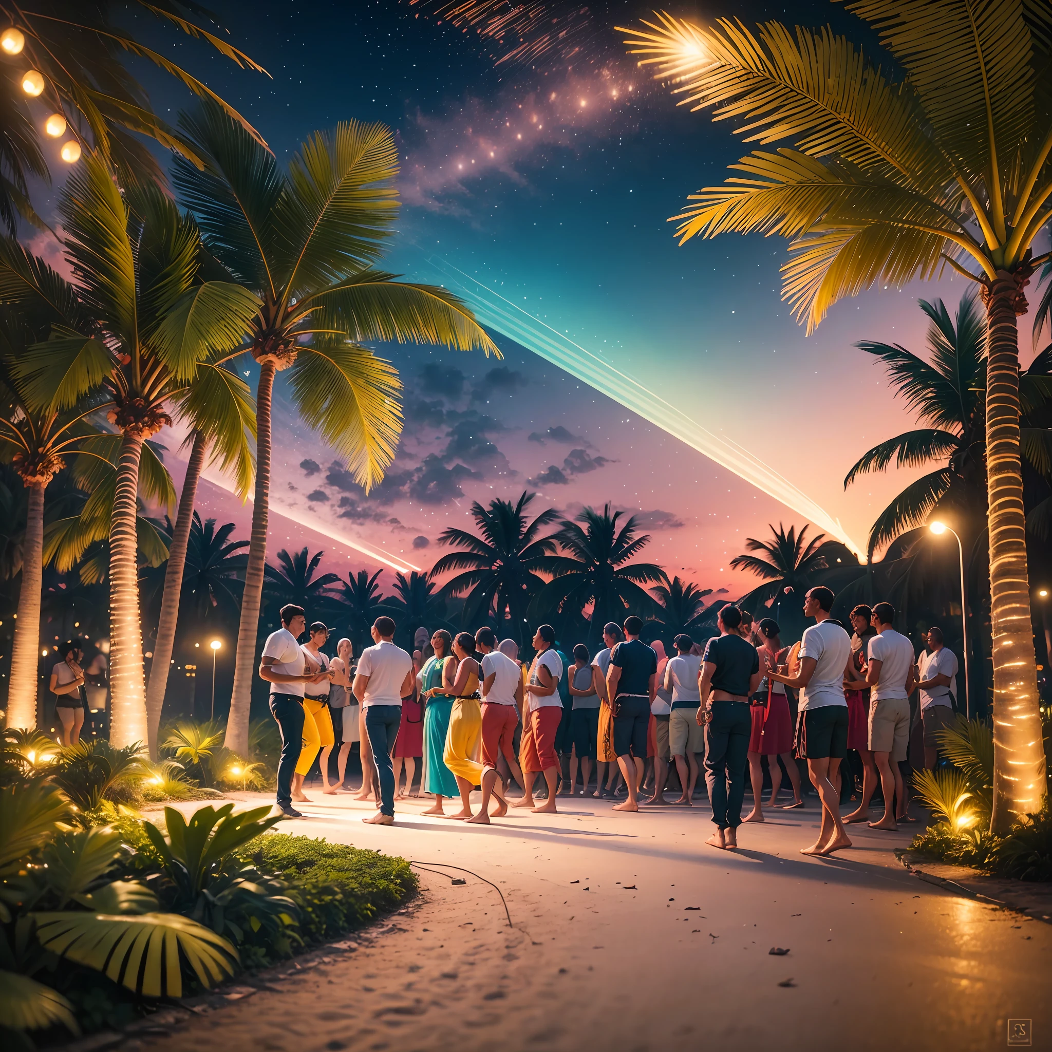 Hyper realistic scene, a night party in Recife, illuminated by a combination of soft and vibrant lights. The tall, lush palm trees create a tropical atmosphere all around, while the warm breeze blows gently. The crowd stirs, dancing to sensual music, wrapped in an electrifying energy. --auto --s2