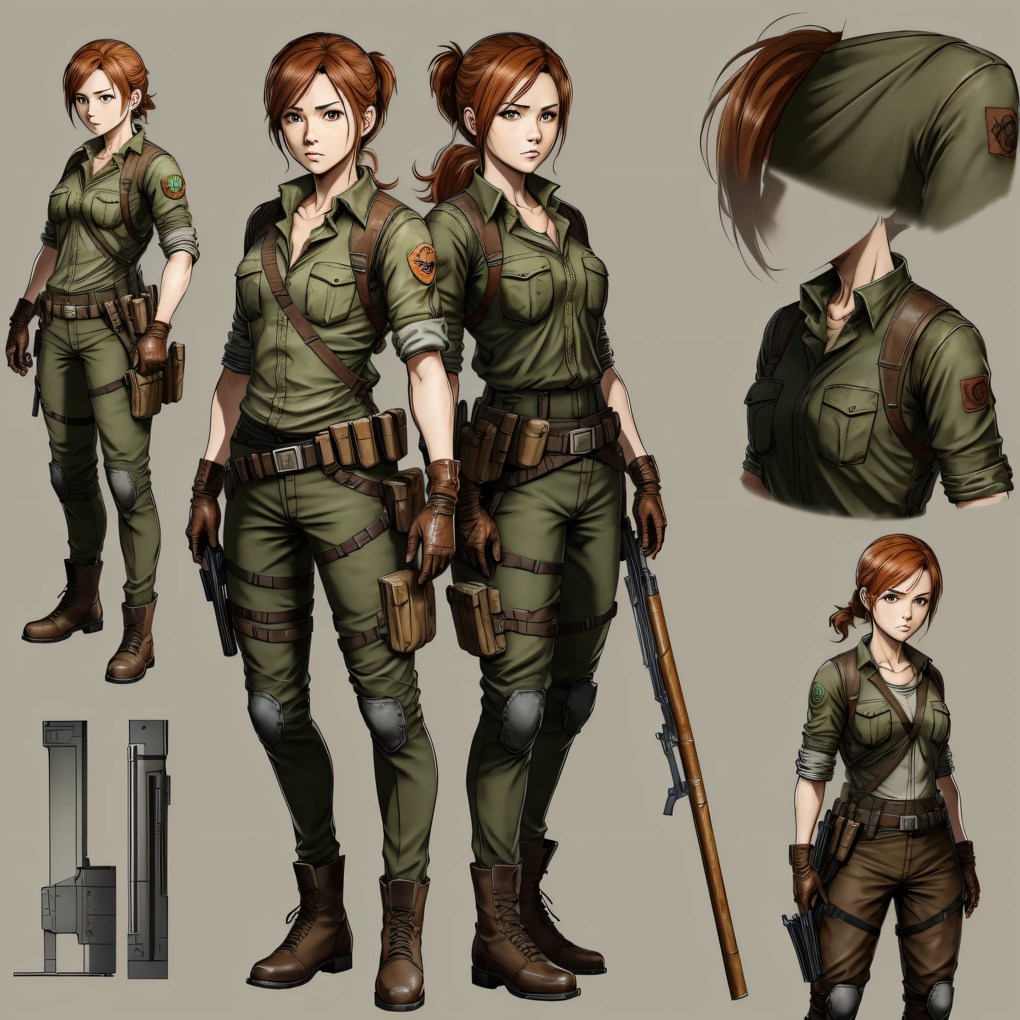 ANIME WOMAN CHARACTER, FULL BODY, standing, ((design sketches)), (masterpiece), orange red hair, wearing a bandana, extremely detailed, (original design), (animated poses), kung-fu stick (unique accessories, olive green shirt, leather gloves, brown leather shoe), professionally retouched, white background, (female: 1.1), (dirty: 1.1), (movement: 0.8), (young: 1.3), (sprint: 0.6) (the walking dead concept) (Metal gear solid concept) (concept the last of us) --auto --s2