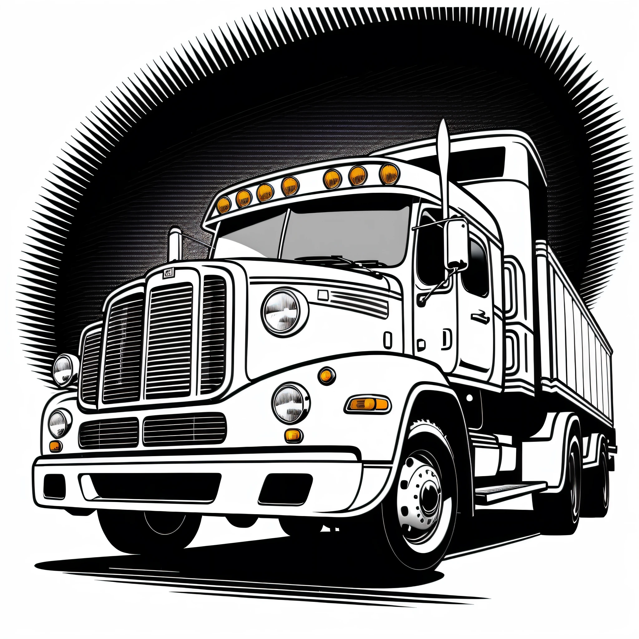 ((high quality)), ((masterpiece)), 8k, a closeup of a truck, center, truck in the center of the image, detailed drawing of clean paint line, retro line art, driving, black and white vector art, line art coloring page, vector line art, vehicle illustration, black line art on white, black ink line art, vector ink drawing, perfect pen and ink line art, colored