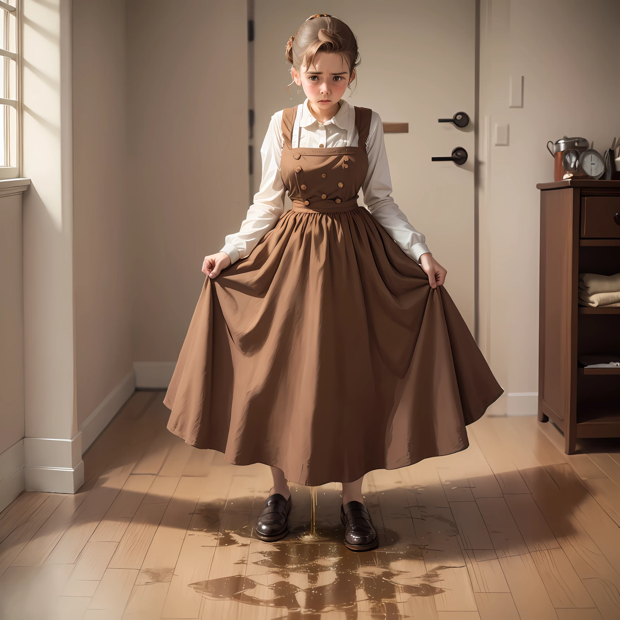 woman, brown updo hair, 1950's pinafore dress, petticoat, ((peeing stain)), worried, embarrassed, holding crotch, housewife