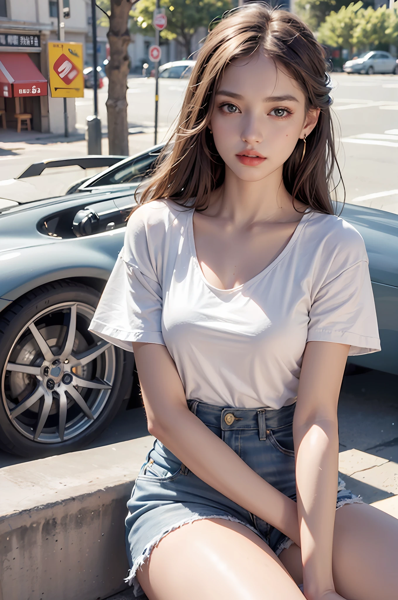 Best quality, masterpiece, super high resolution, (realistic: 1.4), original photo, (evening street), 1 girl, black eyes, looking at the audience, long hair, light makeup, lips, small ears, white t-shirt, denim shorts, earrings, sitting Ferrari, big breasts, slim