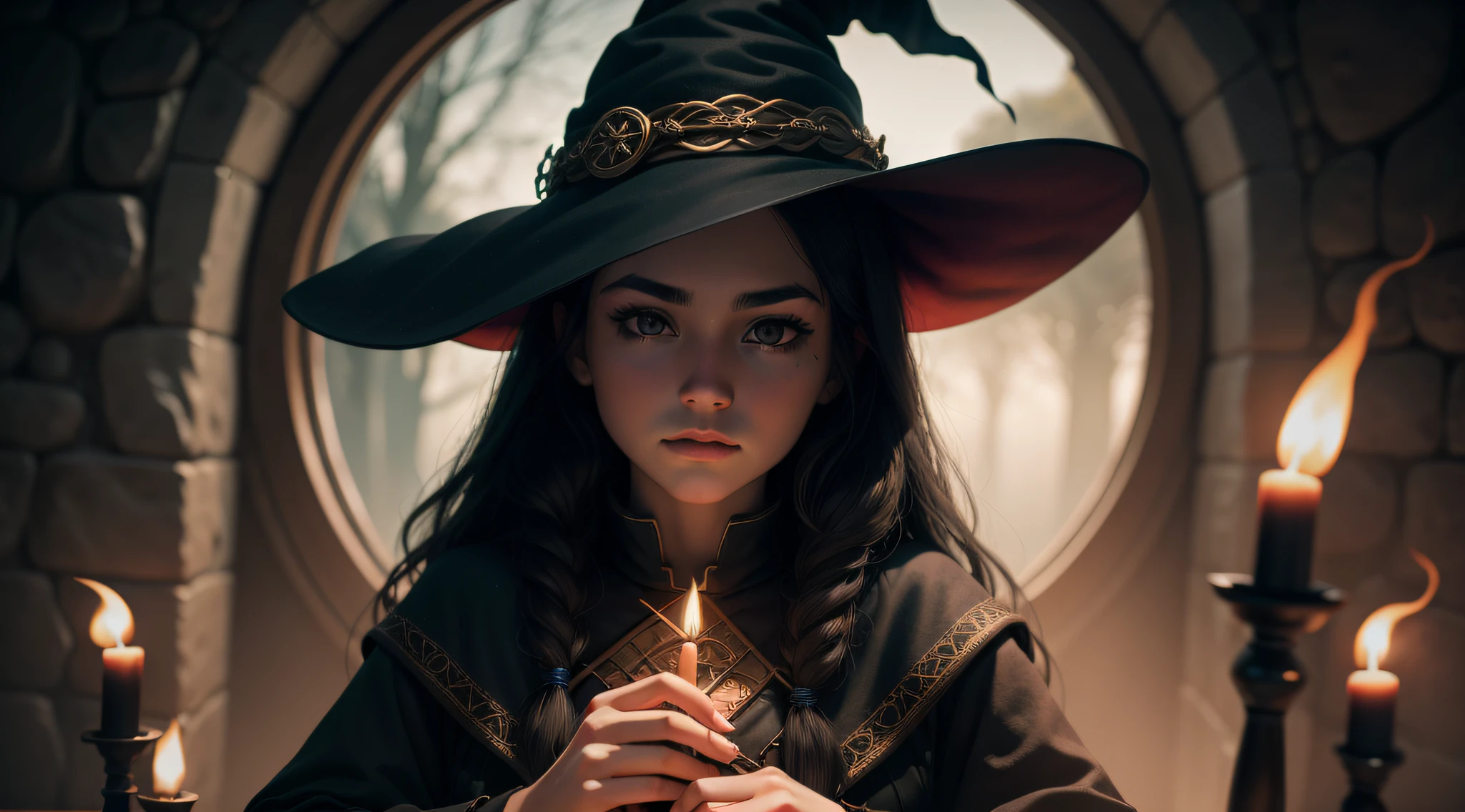 a young witch from wicca, 8k, uhd, severe low lighting, high quality, sharp focus, fujifilm XT3