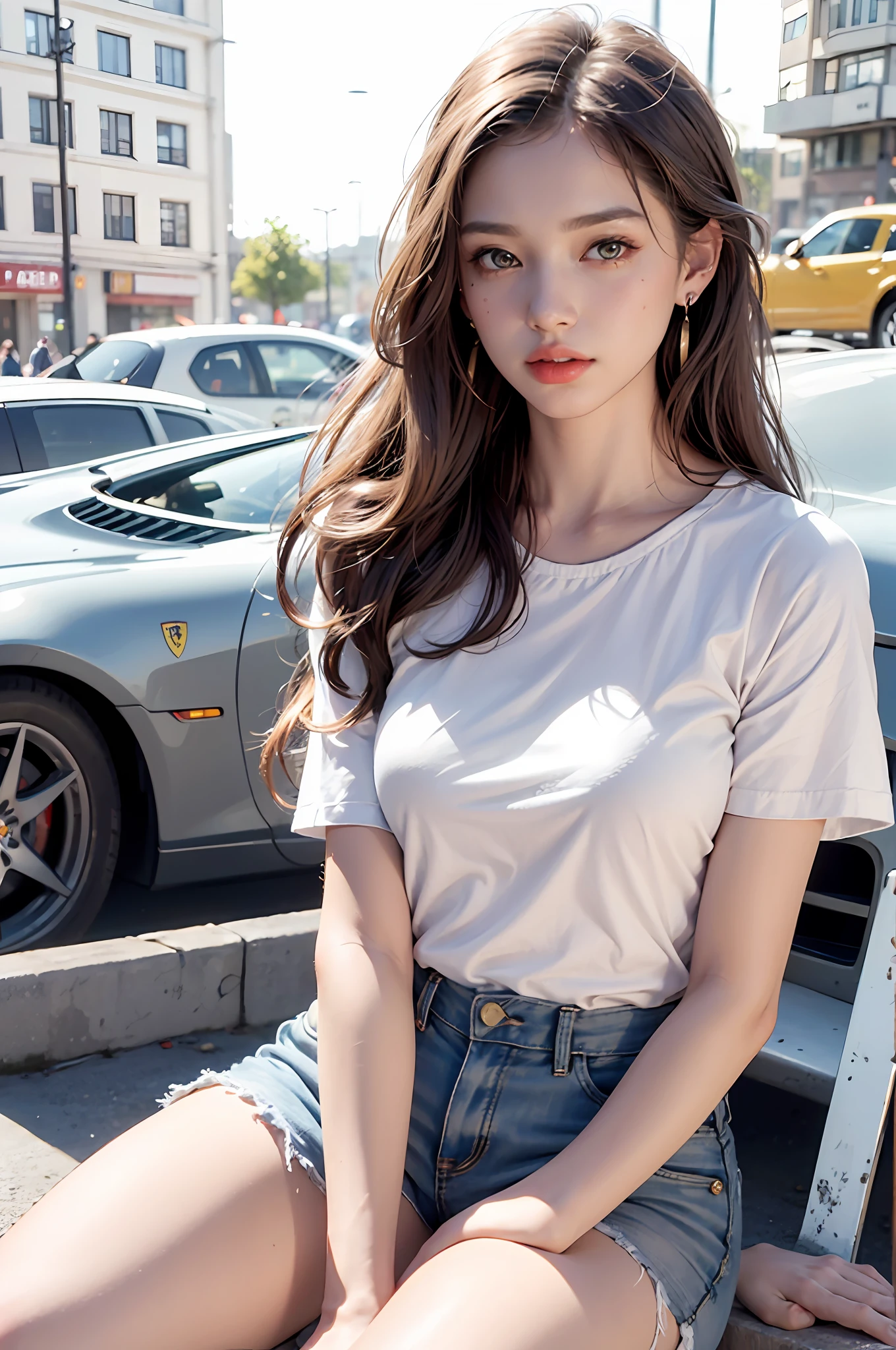 Best quality, masterpiece, super high resolution, (realistic: 1.4), original photo, (evening street), 1 girl, black eyes, looking at the audience, long hair, light makeup, lips, small ears, white t-shirt, denim shorts, earrings, sitting Ferrari, big breasts, slim