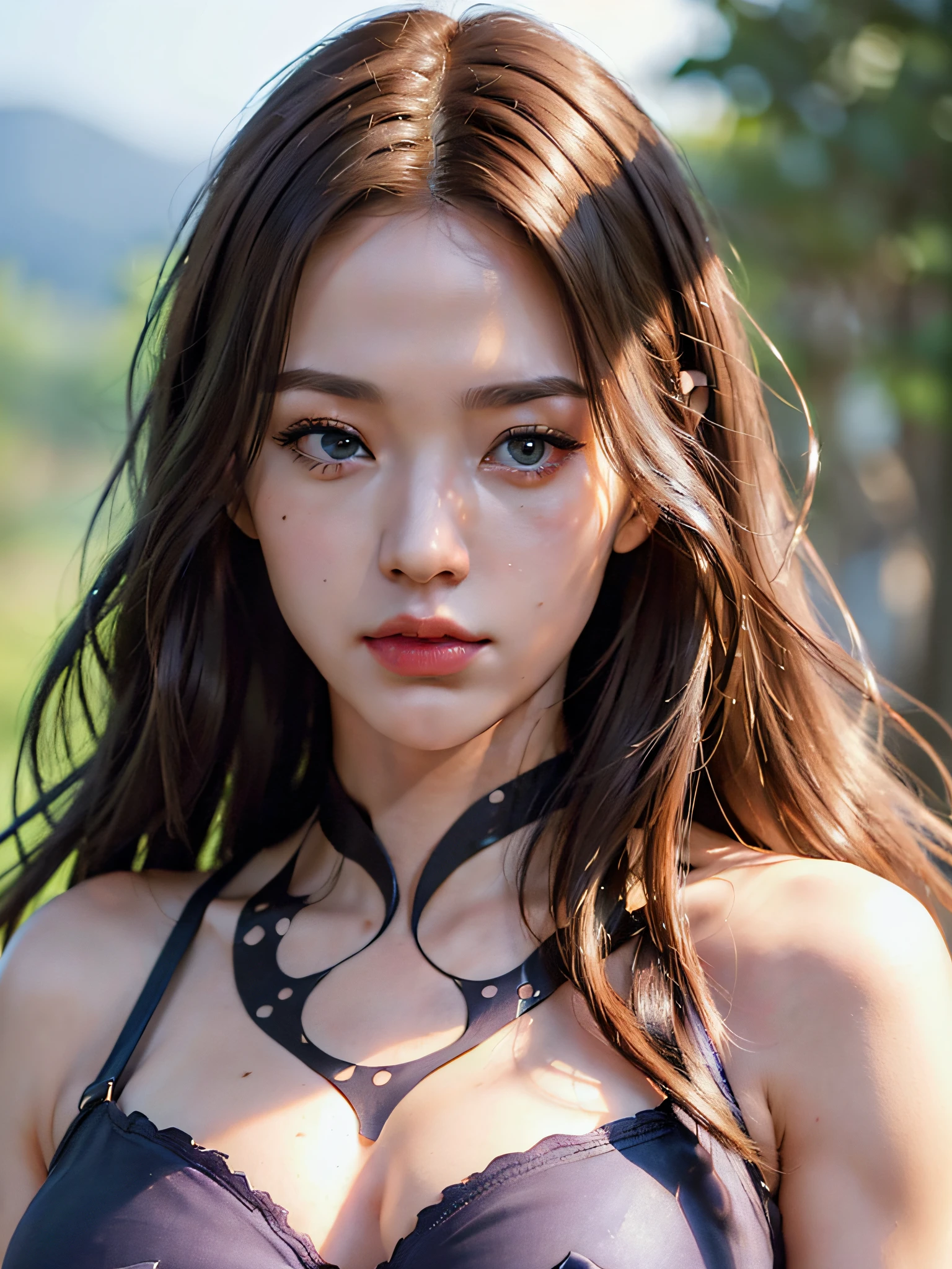 (masterpiece:1.4), (8k, photorealistic, RAW photo, best quality: 1.4), japanese, (1girl), beautiful face, (realistic face:1.4), (caramel hair, long hair:1.3), beautiful hairstyle, beautiful detailed eyes, (best ratio eyes:1.5), attractive, ultra high res, ultra realistic, highly detailed, best ratio, (detailed face:1.4), looking at viewer, red lipsticks, (best ratio fingers:1.5), (blue eyes:1.0), ((high proportional realistic breasts, realistic medium breasts):1.4), (closed mouth:1.5), slender body, (full body visible:1.5), portrait, photography, detailed skin, realistic, photo-realistic, highly detailed, full length frame, High detail RAW color art, piercing, diffused soft lighting, shallow depth of field, sharp focus, hyper realism, cinematic lighting