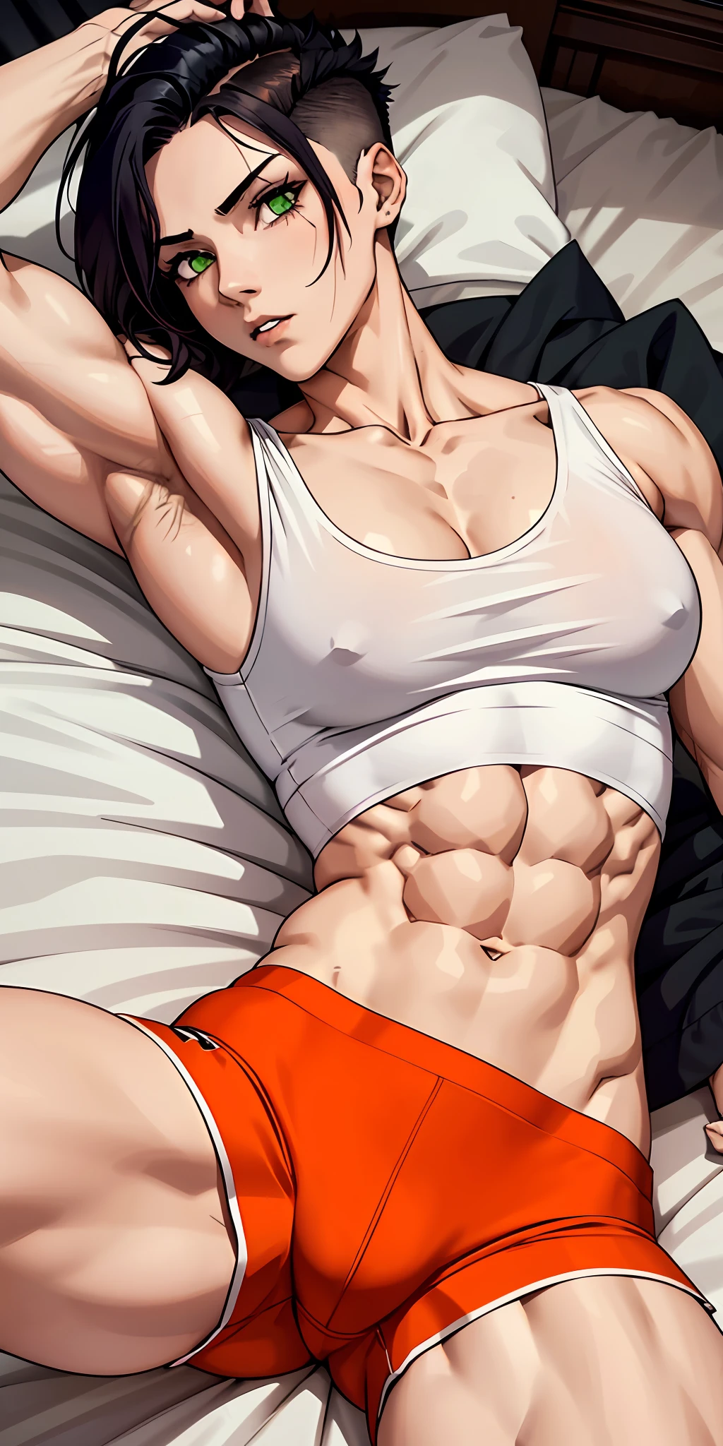 Girl, male body, adult, gothic, girl face, seductive face, provocative look, green eyes, hair: undercut, perfect body, fit body, white shirt, muscular, small chest, orange cycling shorts with pretuberance, pretuberance, background: bed, lying down,